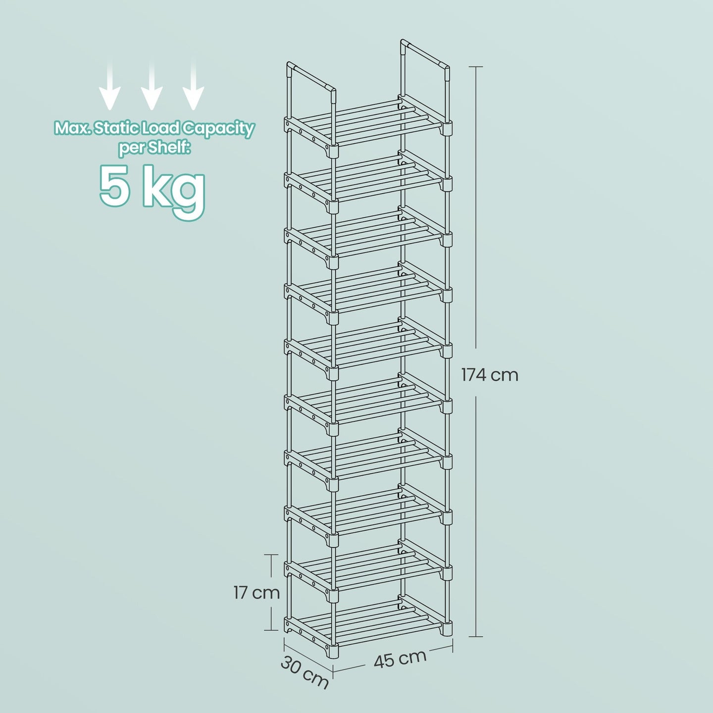 10-Tier Metal Shoe Rack - Grey - Customisable Design