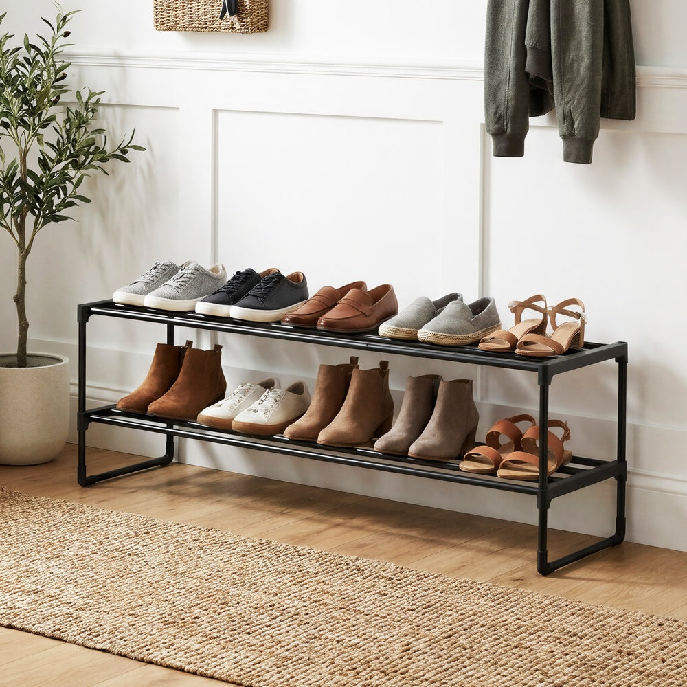2-Tier Shoe Rack - Metal Tube and Plastic Connector - Black