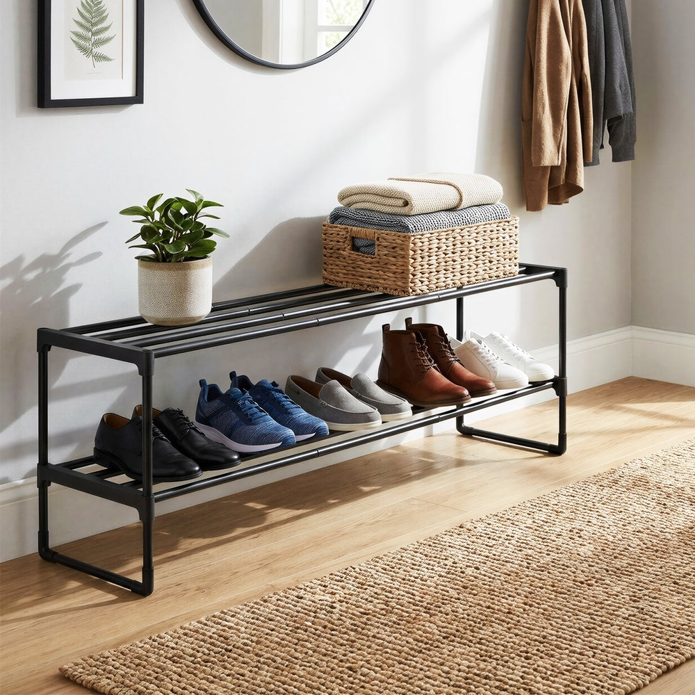 2-Tier Shoe Rack - Metal Tube and Plastic Connector - Black