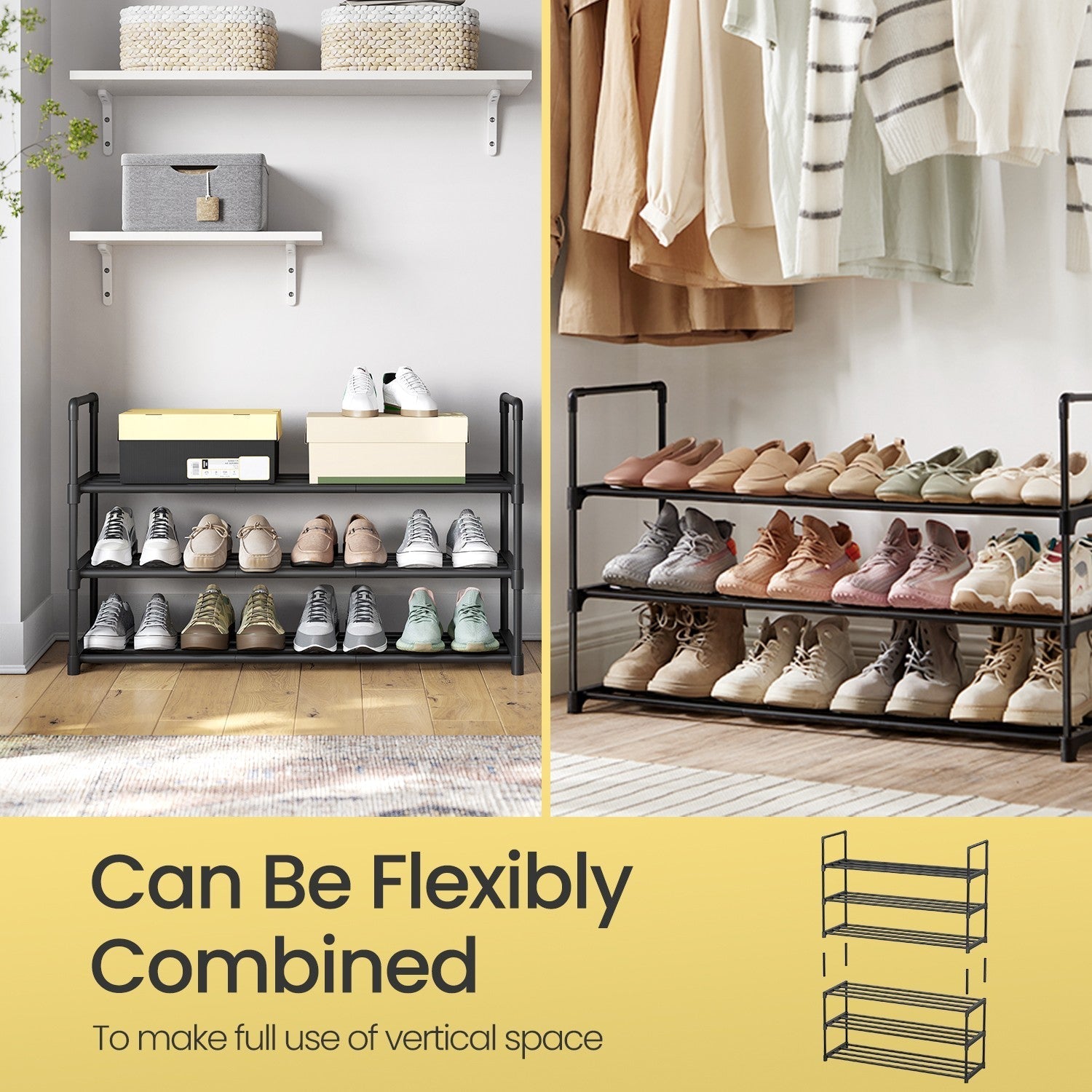 3-Tier Shoe Rack - Metal - Grey - Stackable Shoe Storage for 12 to 15 Pairs