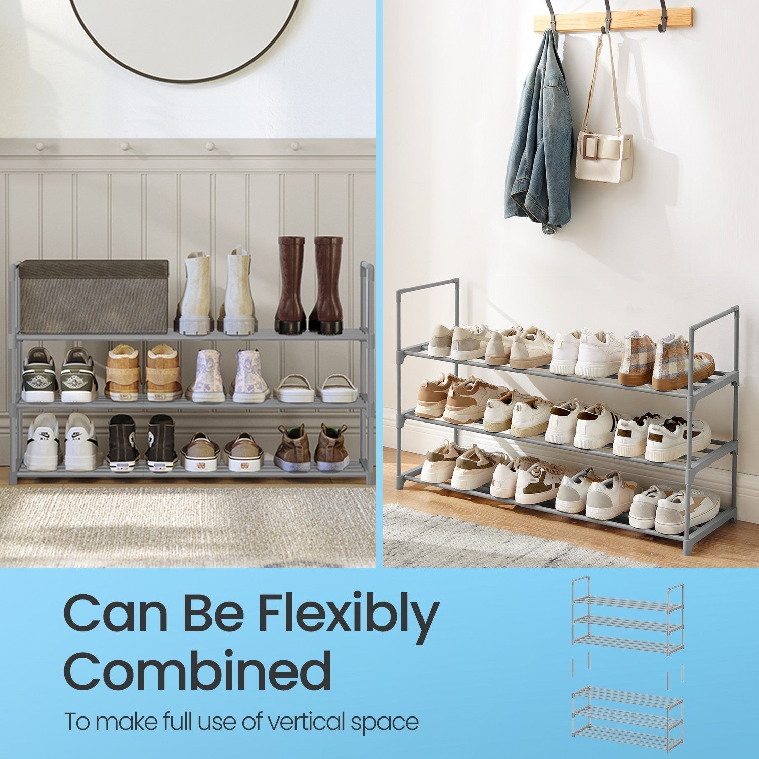 3-Tier Shoe Rack - Metal - Grey - Stackable Shoe Storage for 12 to 15 Pairs