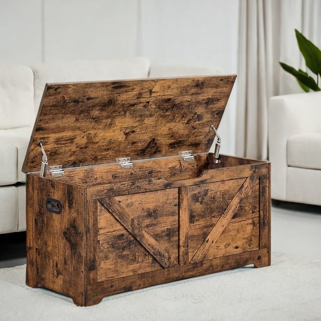Storage Bench - Wood - Rustic Brown - Farmhouse Style with Safety Hinges