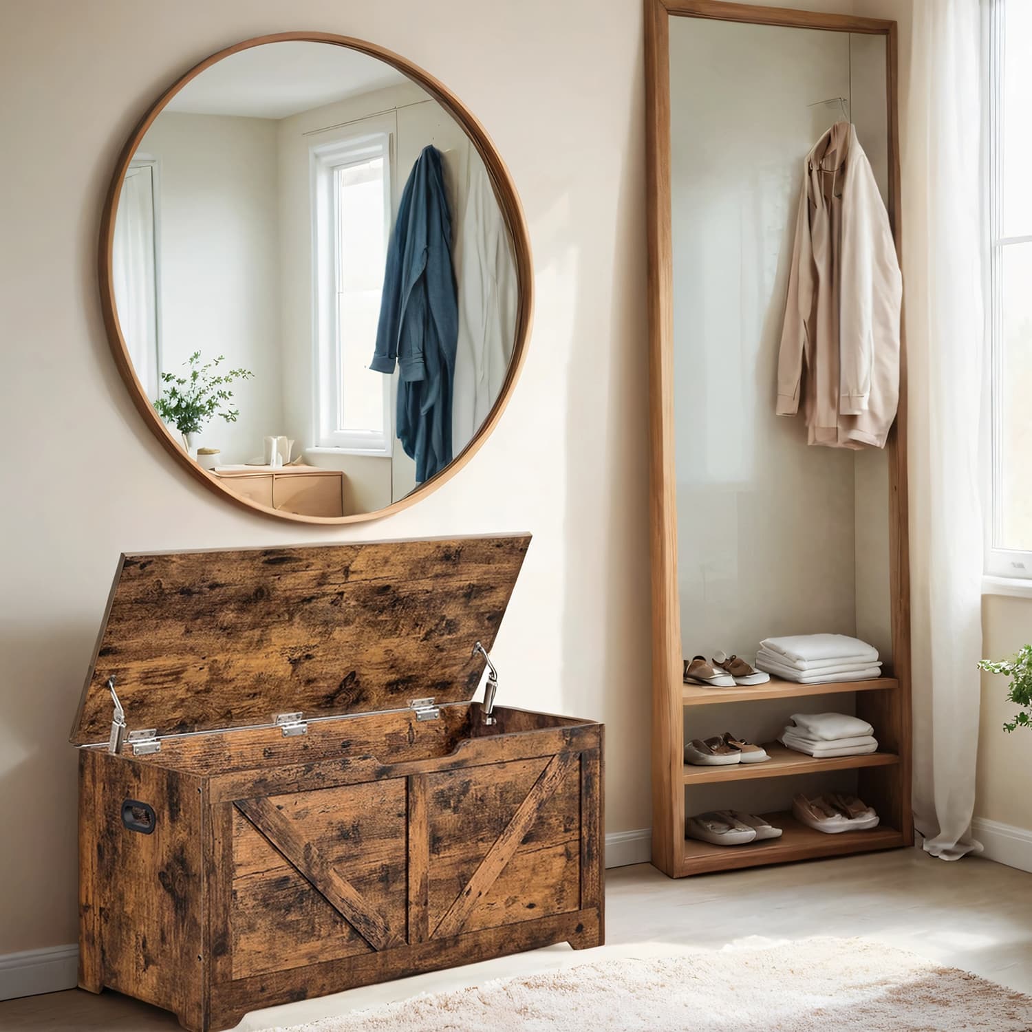 Storage Bench - Wood - Rustic Brown - Farmhouse Style with Safety Hinges