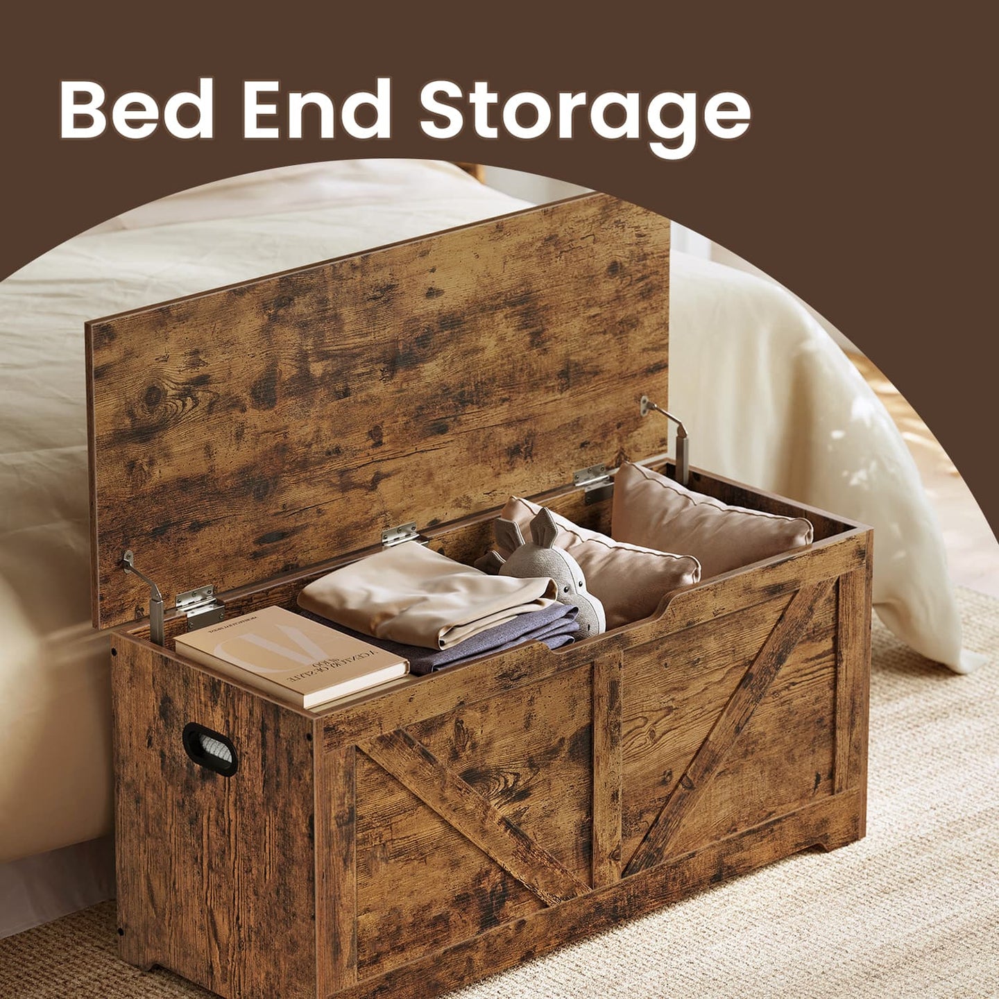 Storage Bench - Wood - Rustic Brown - Farmhouse Style with Safety Hinges