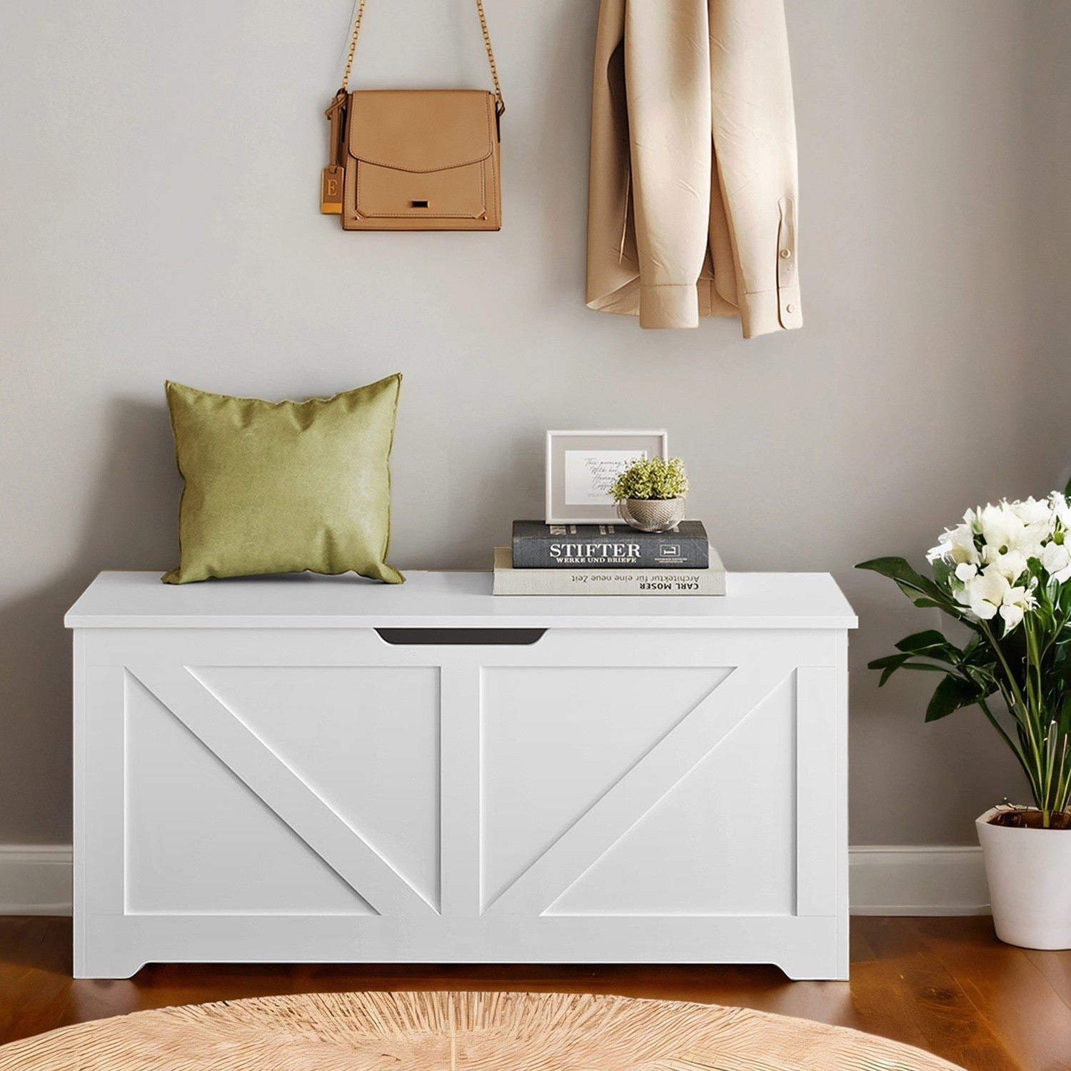 Storage Chest - Wood - Rustic Brown - Farmhouse Style with Safety Hinges and Bench Functionality