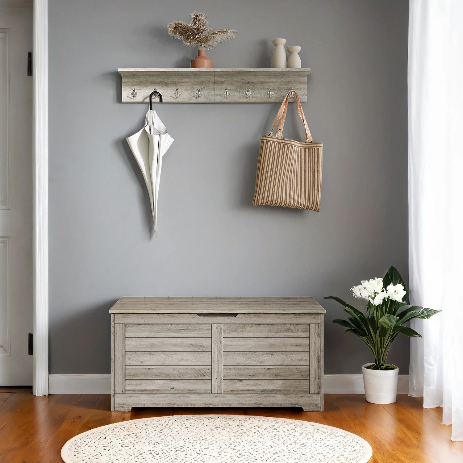 Storage Bench - Wood - Cloud White - Farmhouse Style with 2 Safety Hinges