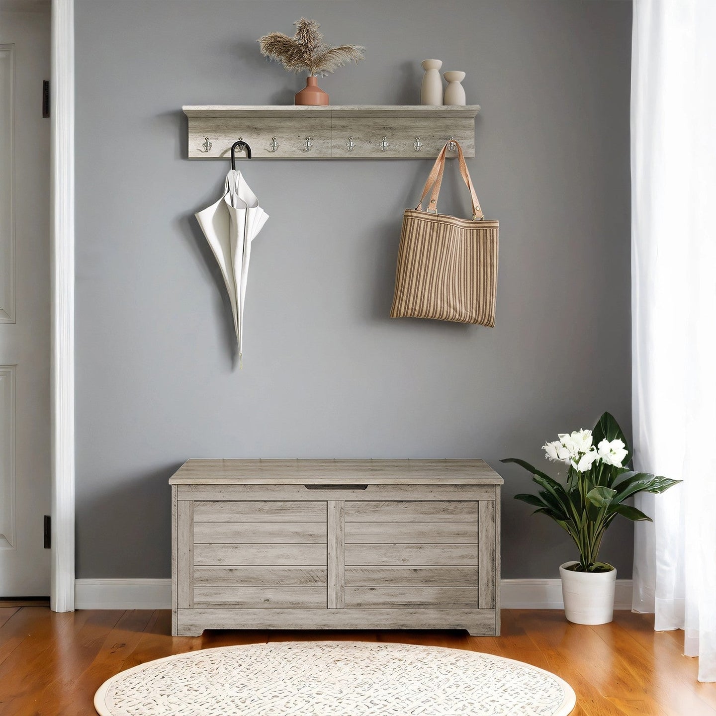 Storage Bench - Wood - Cloud White - Farmhouse Style with 2 Safety Hinges