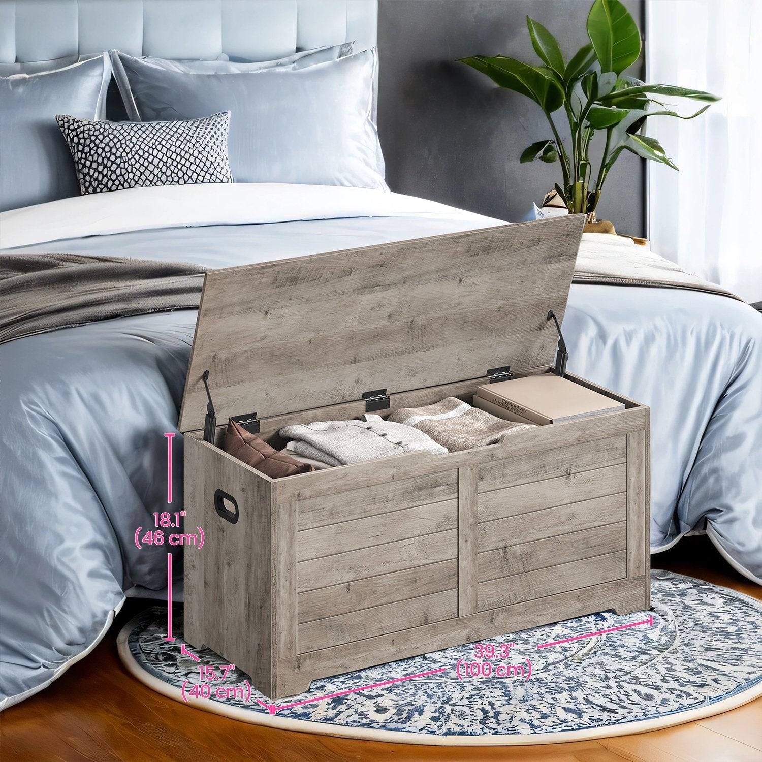 Storage Bench - Wood - Cloud White - Farmhouse Style with 2 Safety Hinges