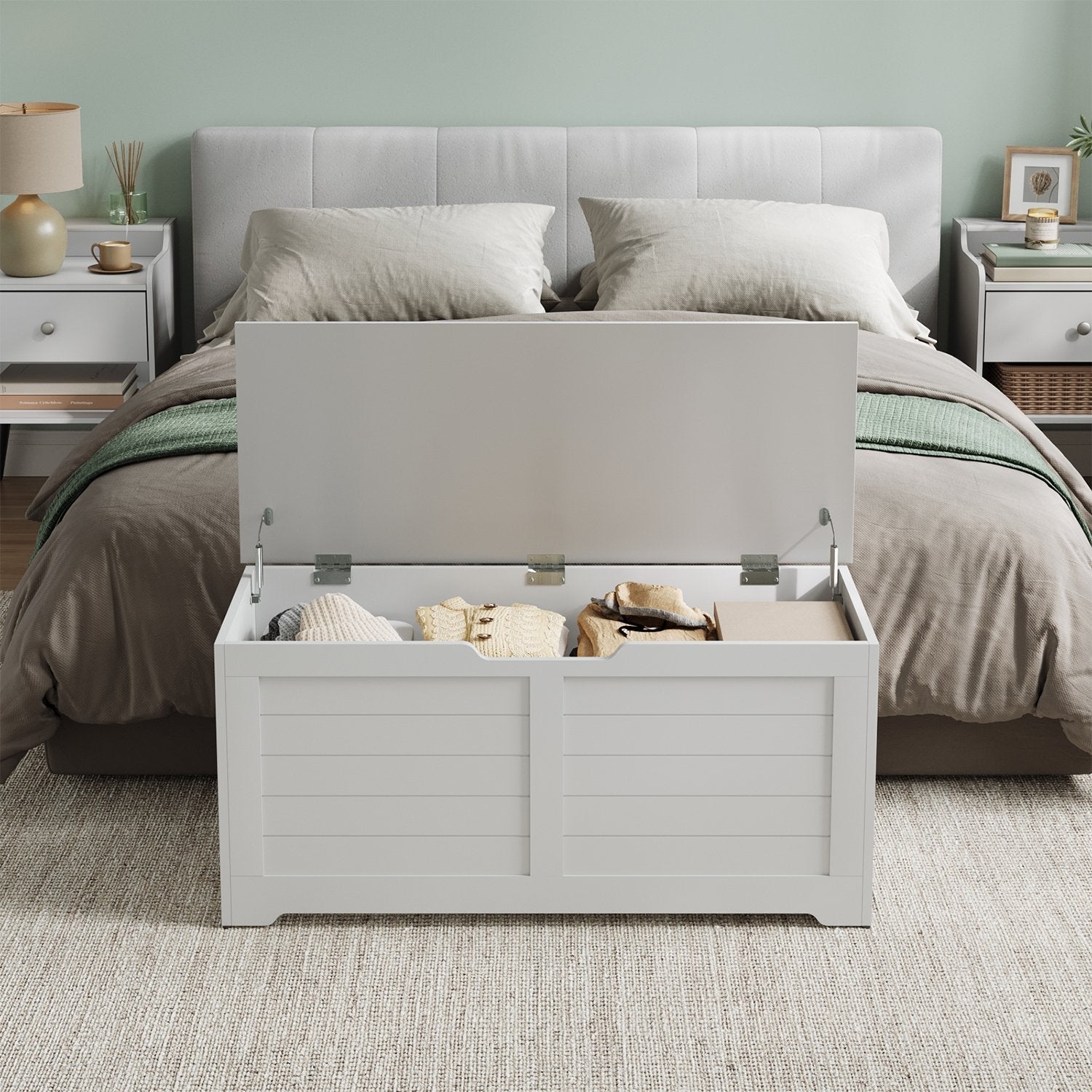 Storage Bench - Wood - Cloud White - With Safety Hinges and Multi-Functional Use