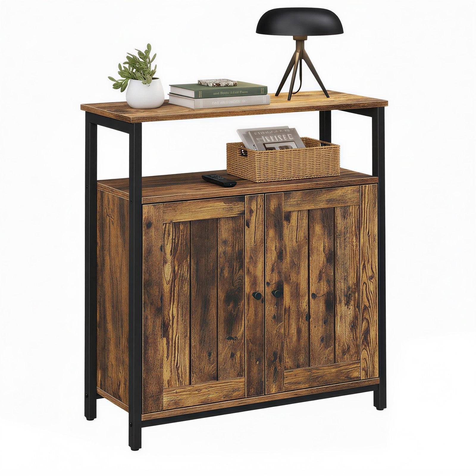 Multipurpose Storage Cabinet - Steel - Rustic Brown and Black - Adjustable Shelves with Slat Door