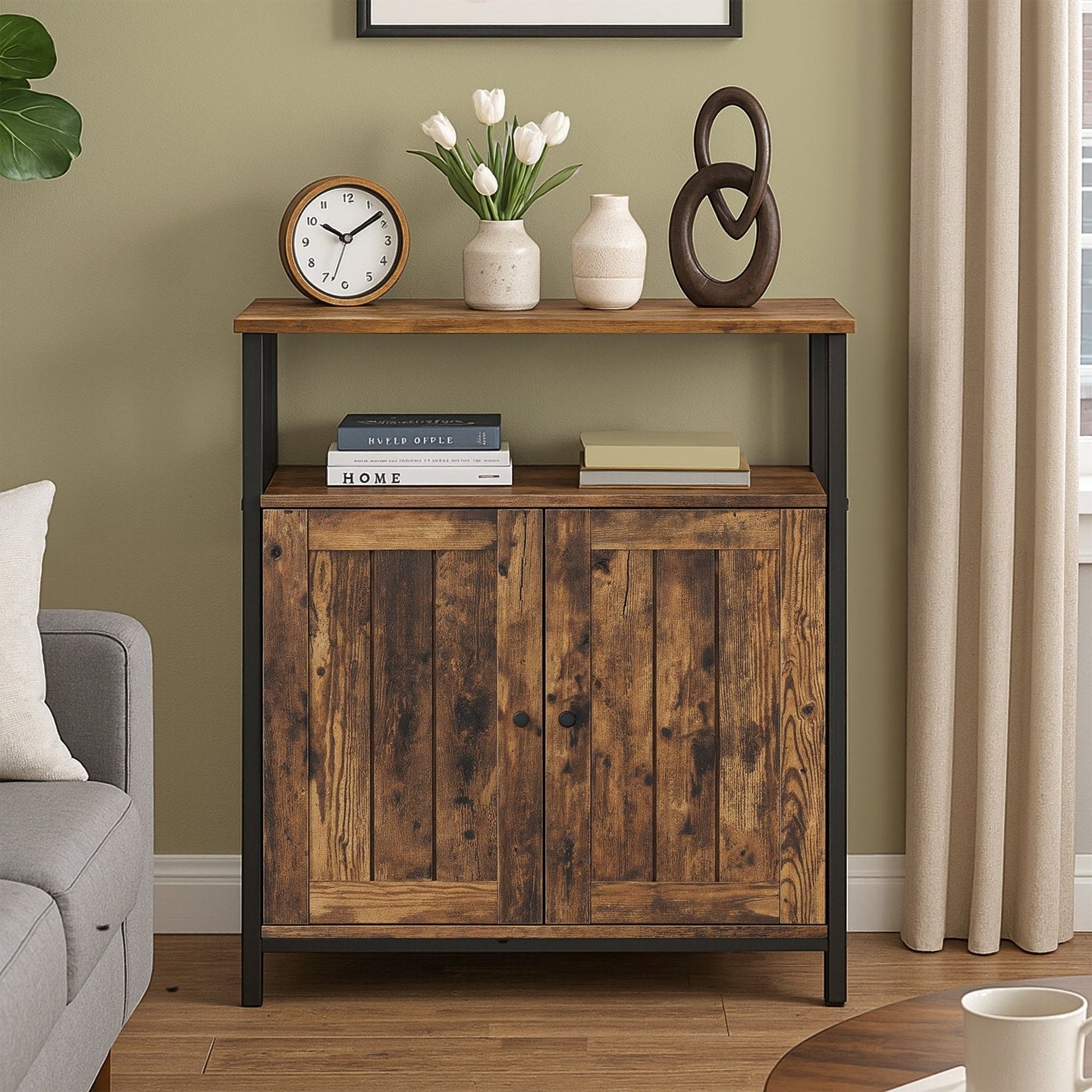 Multipurpose Storage Cabinet - Steel - Rustic Brown and Black - Adjustable Shelves with Slat Door