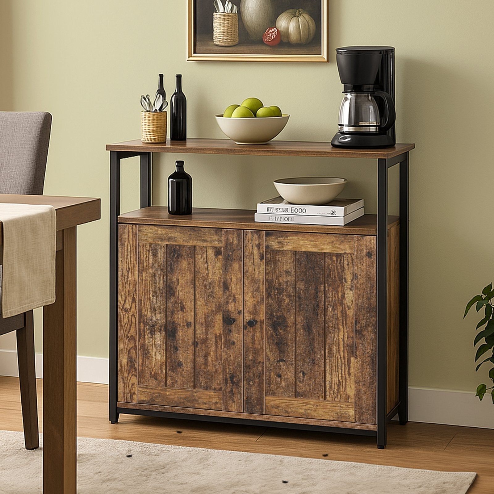 Multipurpose Storage Cabinet - Steel - Rustic Brown and Black - Adjustable Shelves with Slat Door