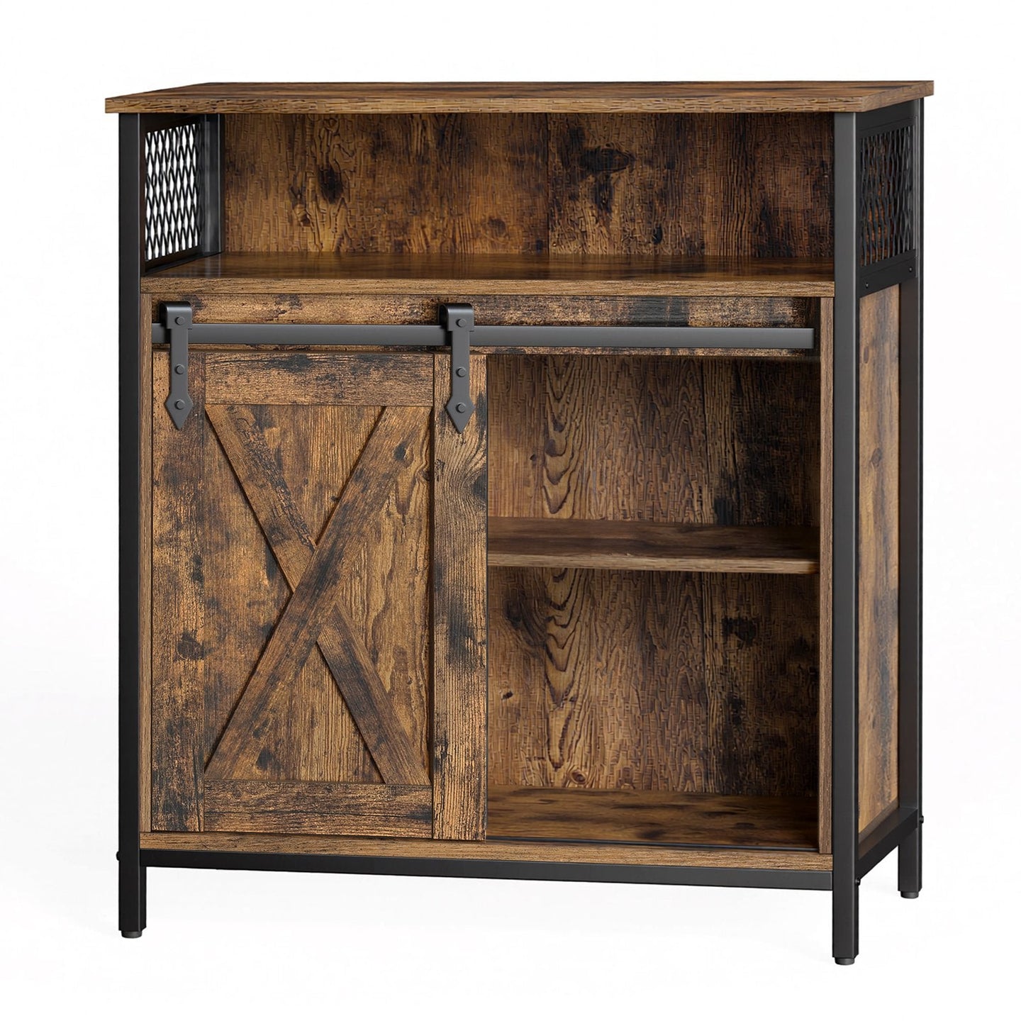 Buffet Cabinet - Wood - Rustic Brown and Black - Adjustable Shelf with Sliding Barn Door and Open Compartment
