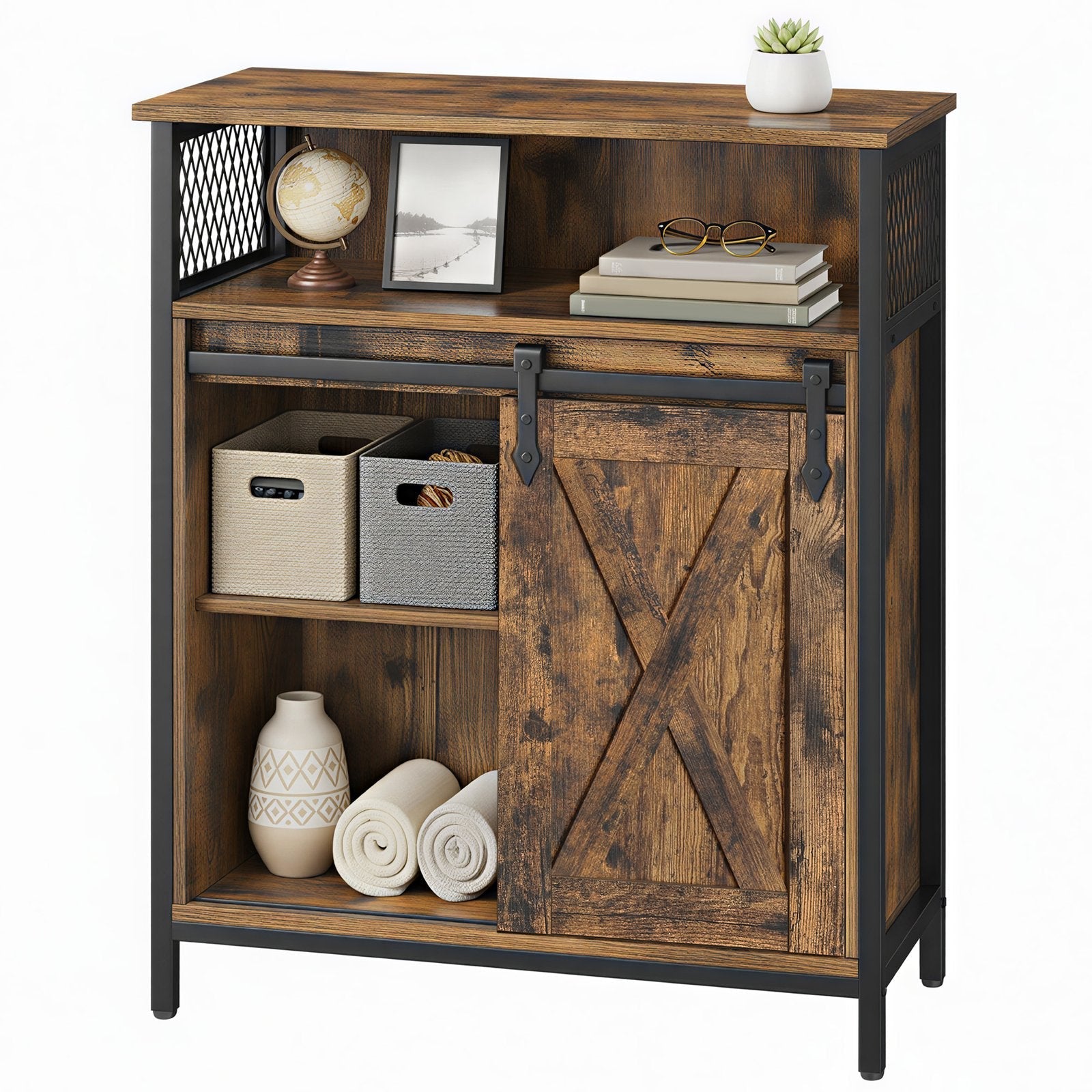 Buffet Cabinet - Wood - Rustic Brown and Black - Adjustable Shelf with Sliding Barn Door and Open Compartment