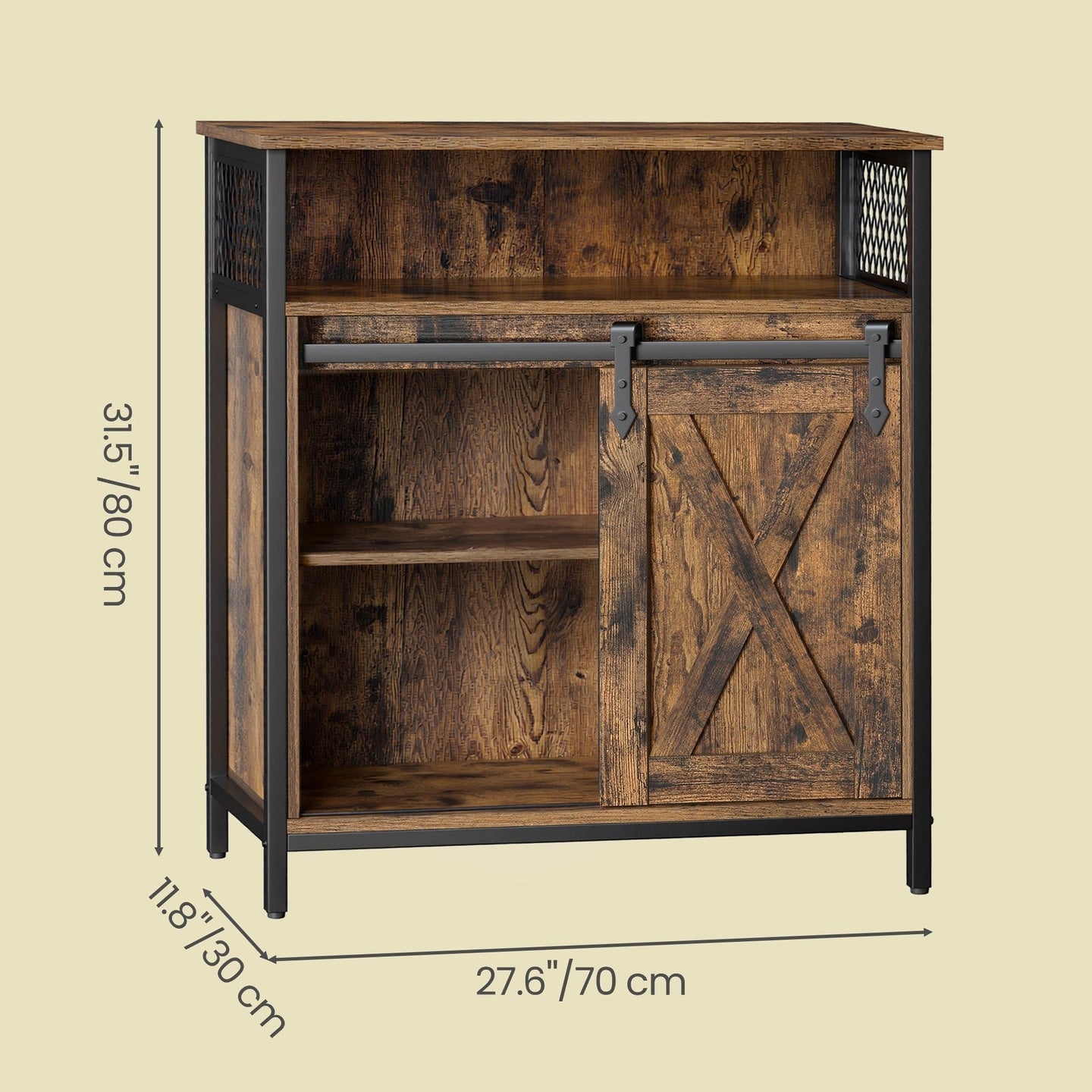 Buffet Cabinet - Wood - Rustic Brown and Black - Adjustable Shelf with Sliding Barn Door and Open Compartment