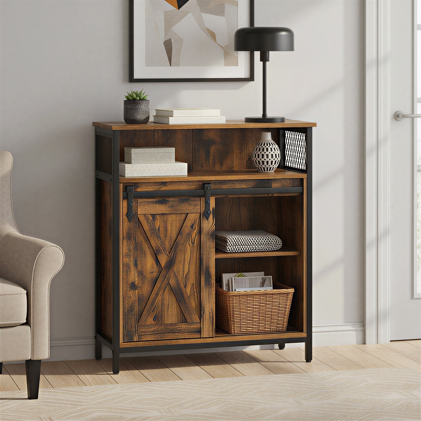 Buffet Cabinet - Wood - Rustic Brown and Black - Adjustable Shelf with Sliding Barn Door and Open Compartment