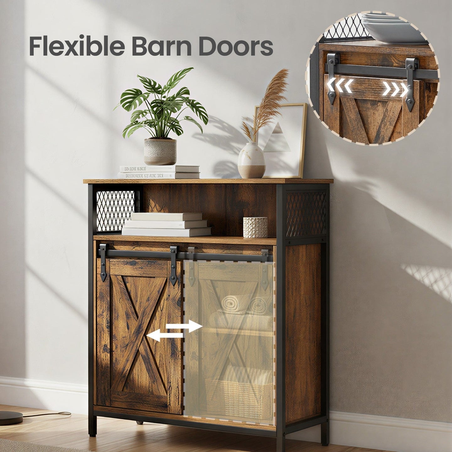 Buffet Cabinet - Wood - Rustic Brown and Black - Adjustable Shelf with Sliding Barn Door and Open Compartment
