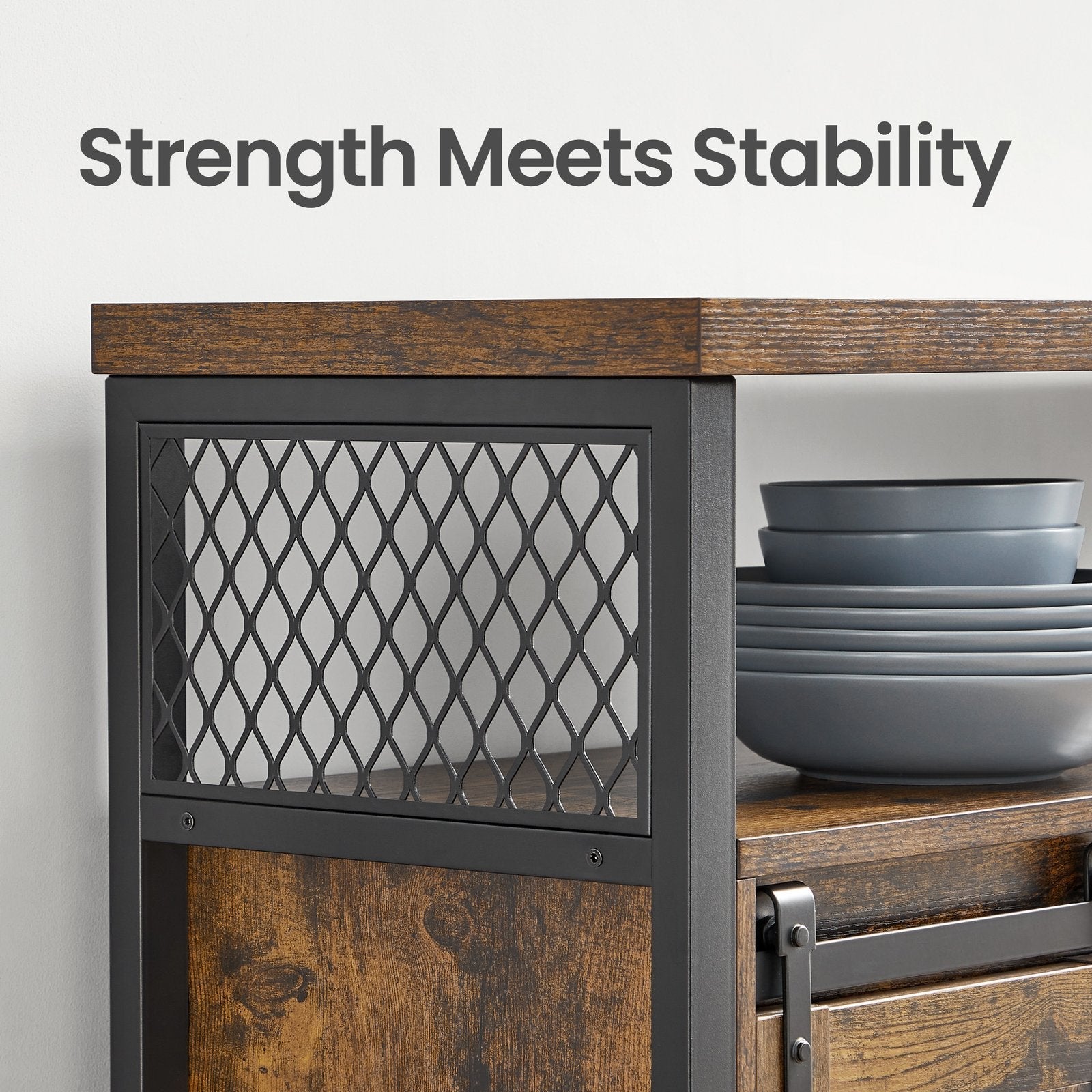 Buffet Cabinet - Wood - Rustic Brown and Black - Adjustable Shelf with Sliding Barn Door and Open Compartment