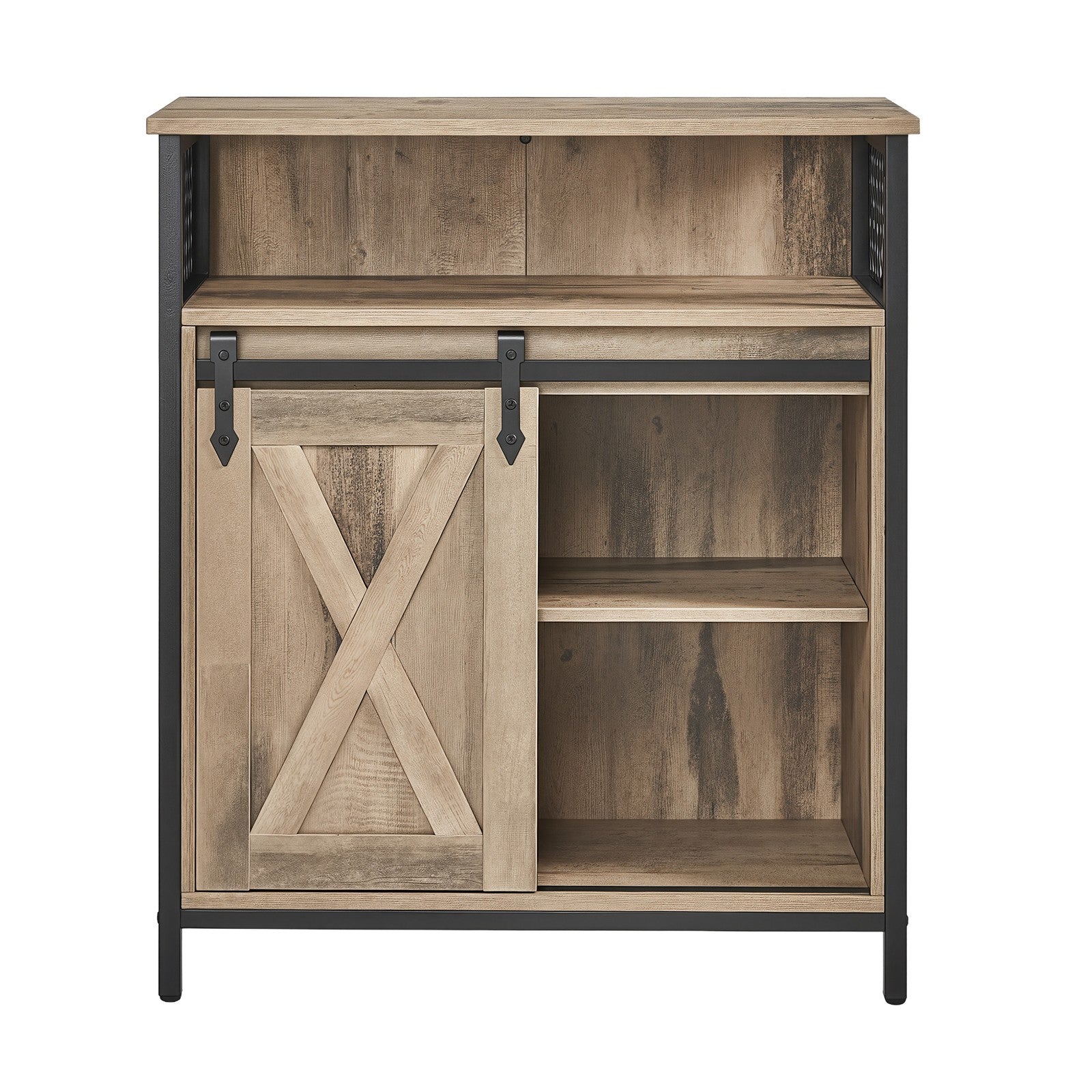 Buffet Cabinet - Wood - Rustic Brown and Black - Adjustable Shelf with Sliding Barn Door and Open Compartment