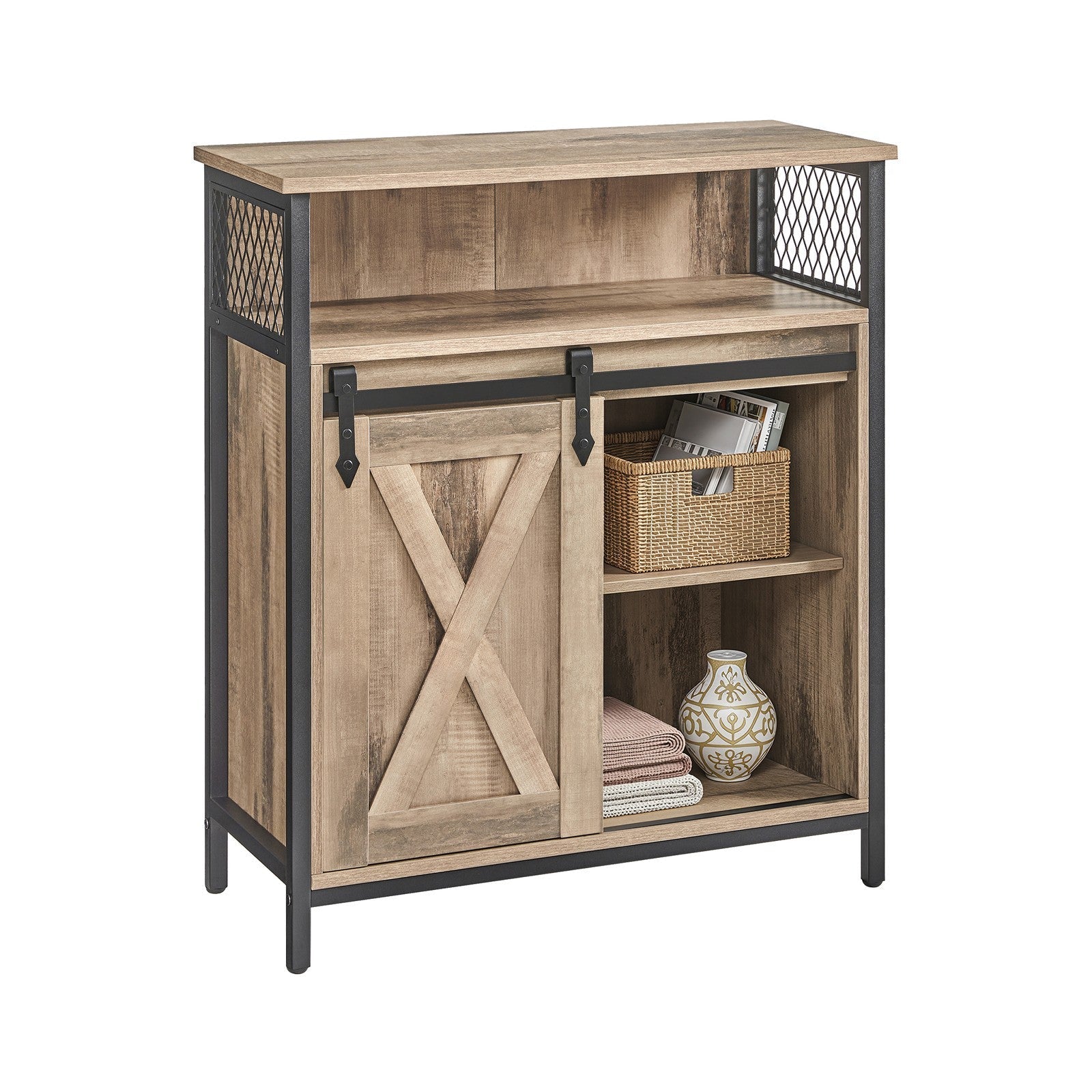 Buffet Cabinet - Wood - Rustic Brown and Black - Adjustable Shelf with Sliding Barn Door and Open Compartment