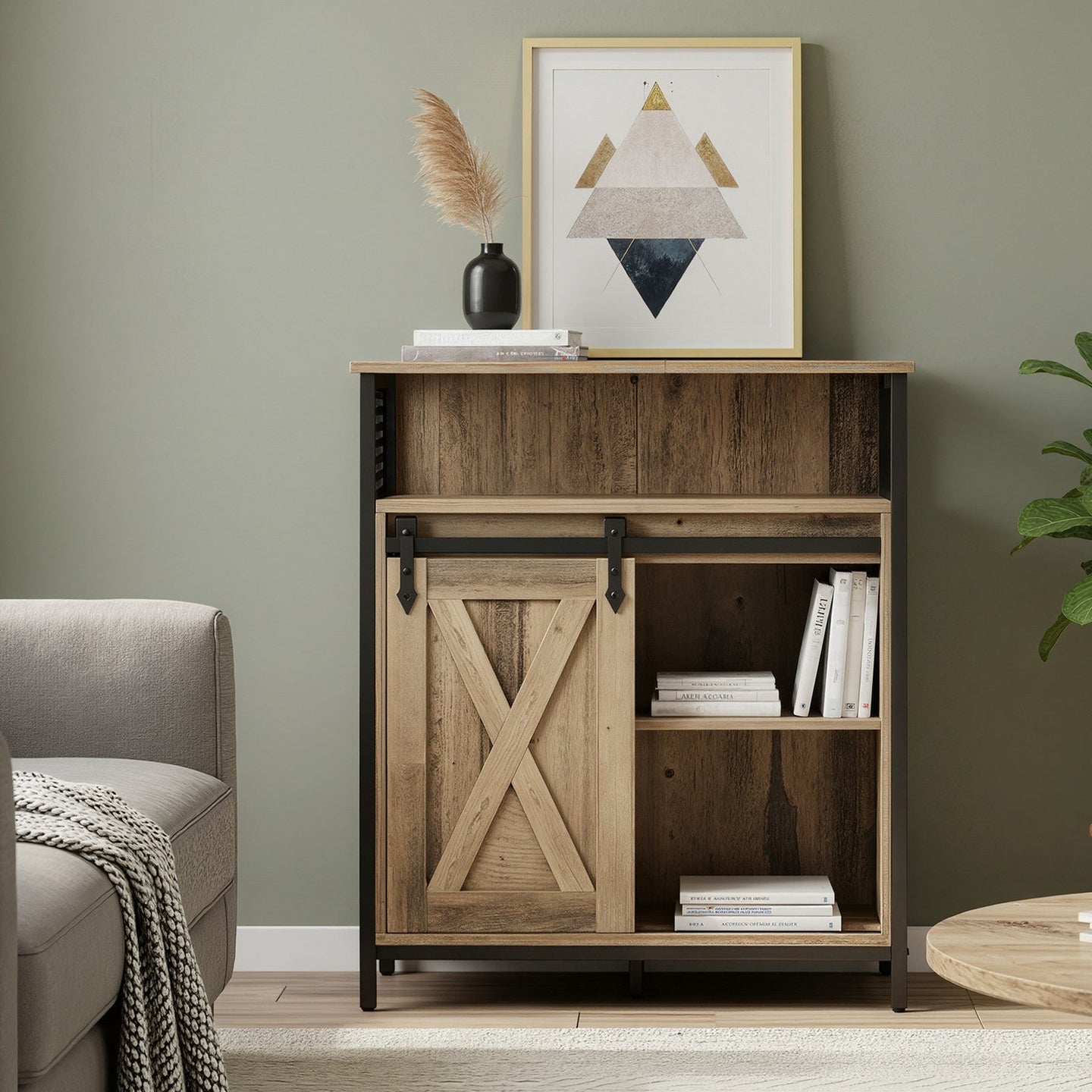Buffet Cabinet - Wood - Rustic Brown and Black - Adjustable Shelf with Sliding Barn Door and Open Compartment