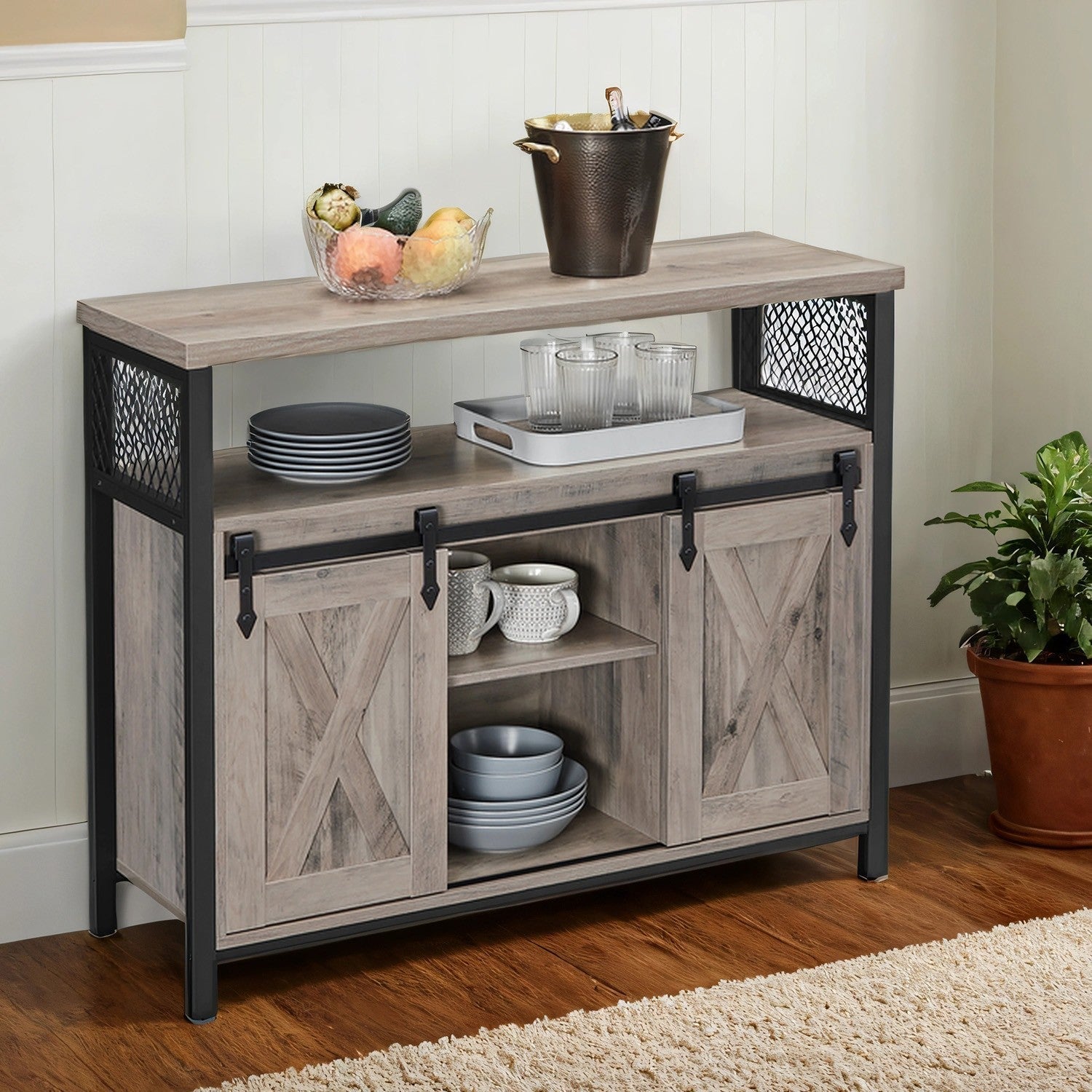 Buffet Cabinet - Wood - Turquoise Brown - 2 Sliding Barn Doors