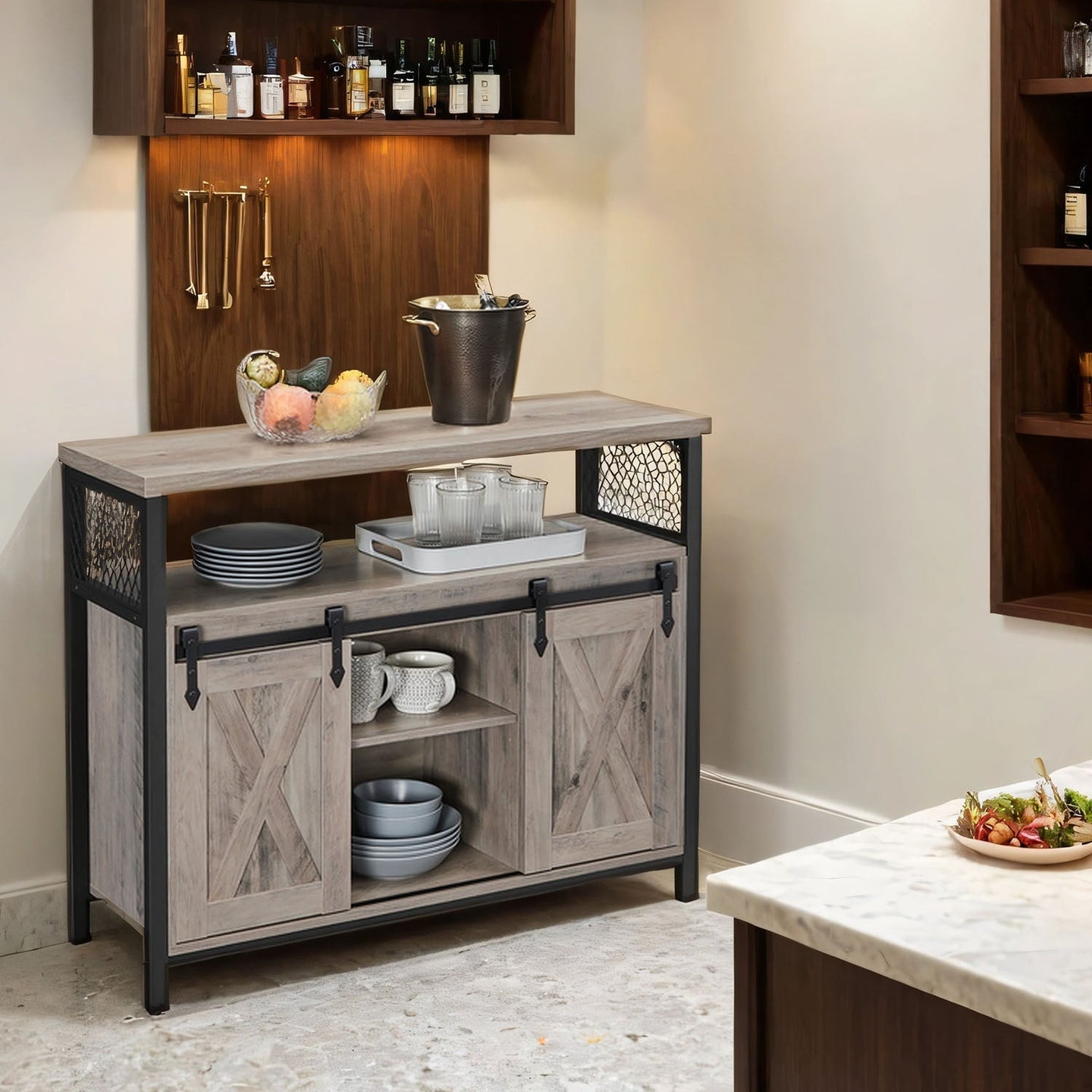 Buffet Cabinet - Wood - Turquoise Brown - 2 Sliding Barn Doors