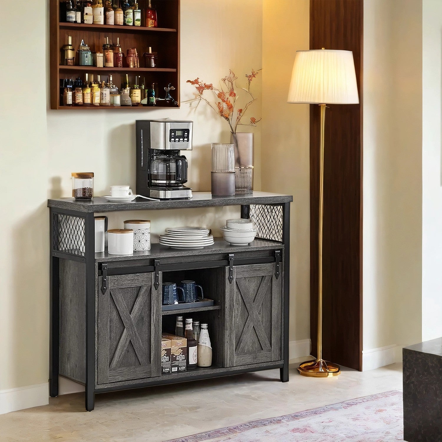 Buffet Cabinet - Wood - Turquoise Brown - 2 Sliding Barn Doors
