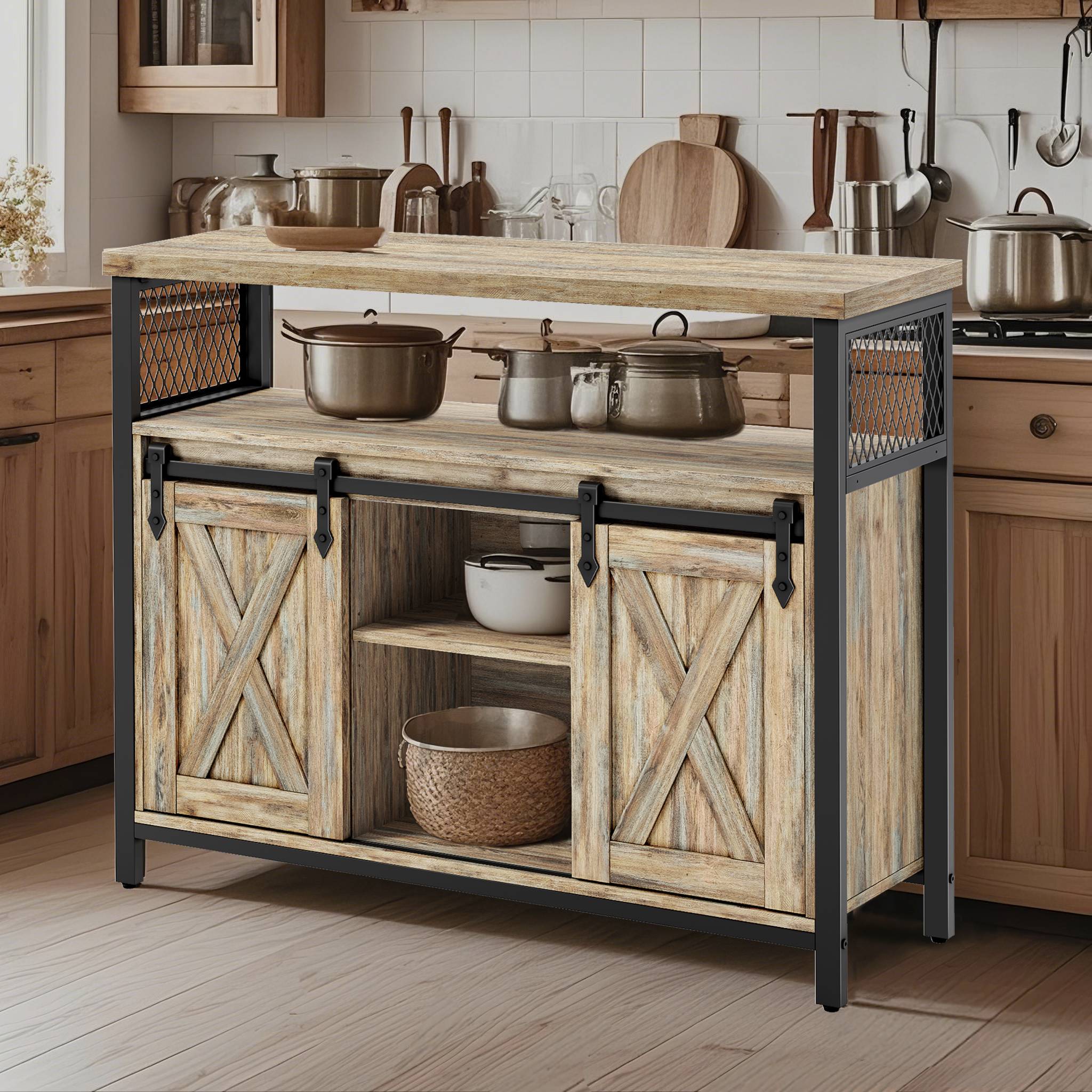 Buffet Cabinet - Wood - Turquoise Brown - 2 Sliding Barn Doors