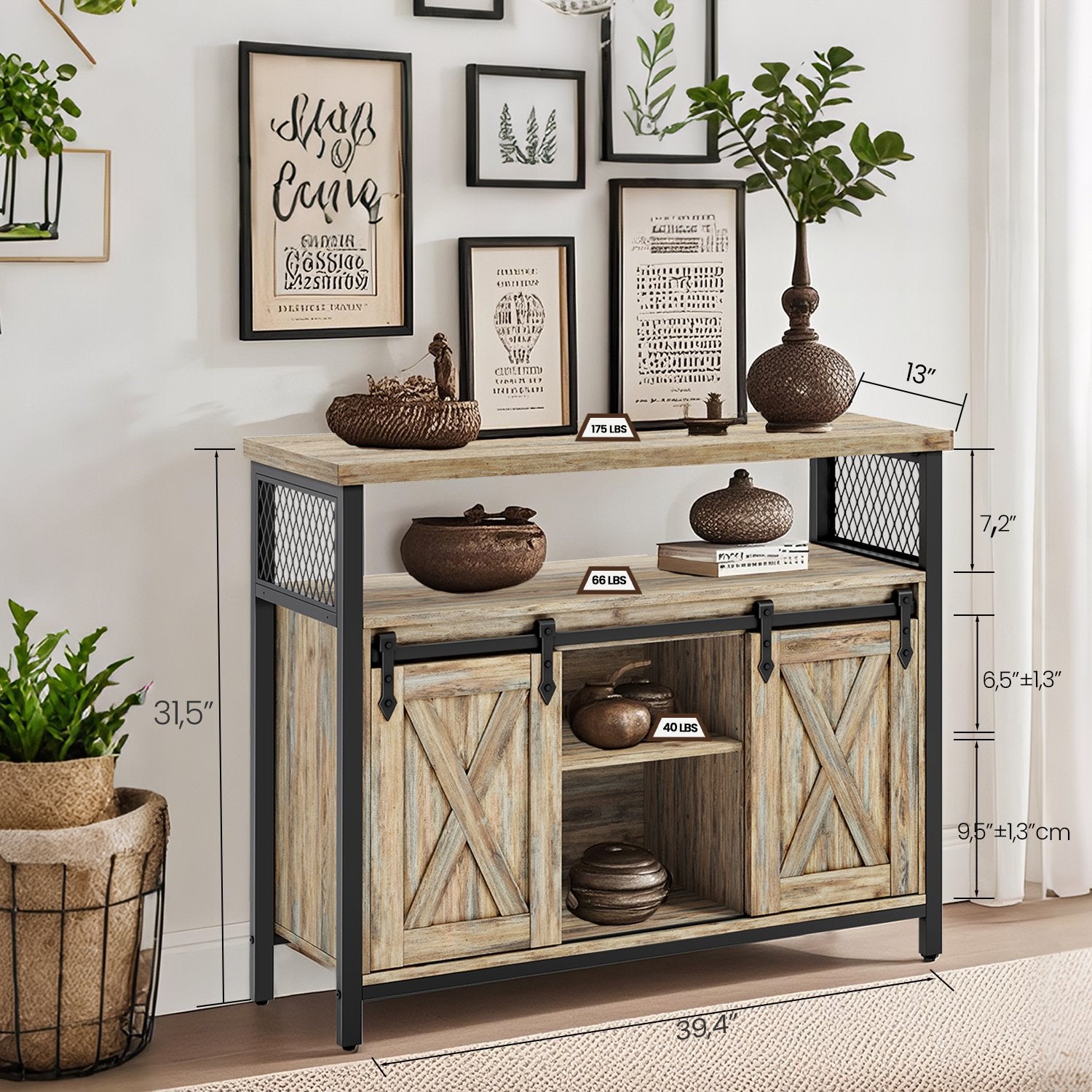 Buffet Cabinet - Wood - Turquoise Brown - 2 Sliding Barn Doors