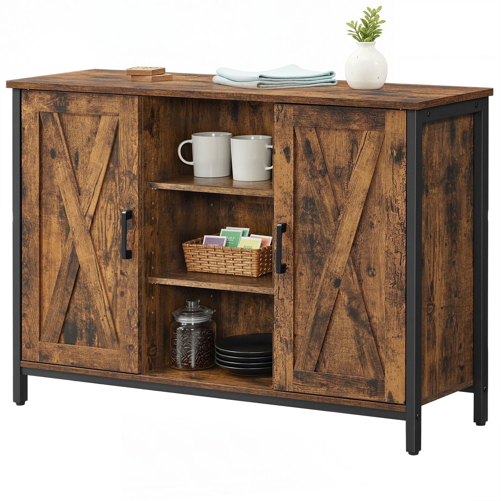 Sideboard - Wood - Rustic Brown and Black - Barn Doors