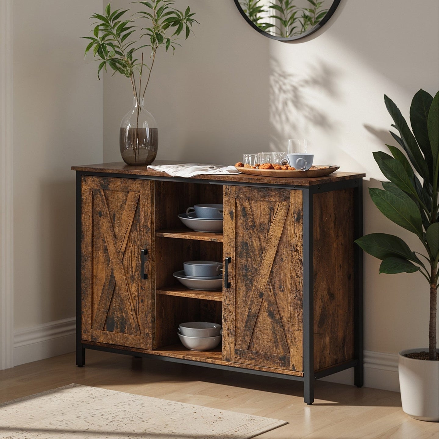 Sideboard - Wood - Rustic Brown and Black - Barn Doors