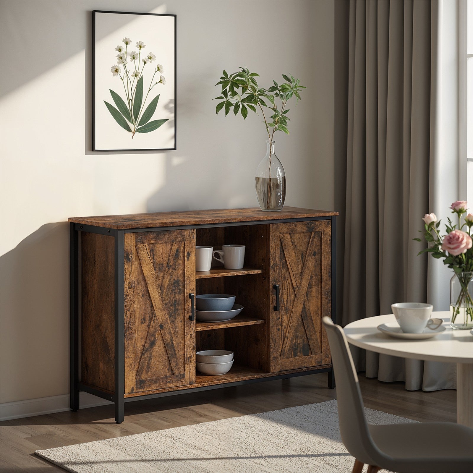 Sideboard - Wood - Rustic Brown and Black - Barn Doors