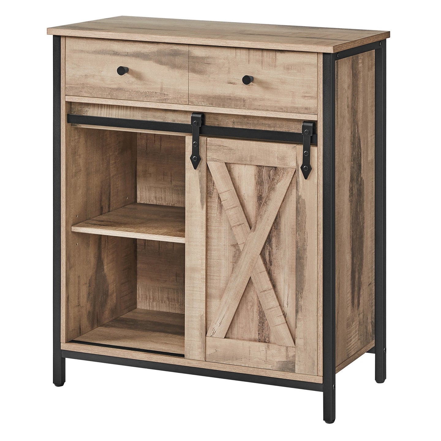 Freestanding Storage Cabinet - Engineered Wood - Rustic Brown and Black - Sliding Barn Door and Drawer