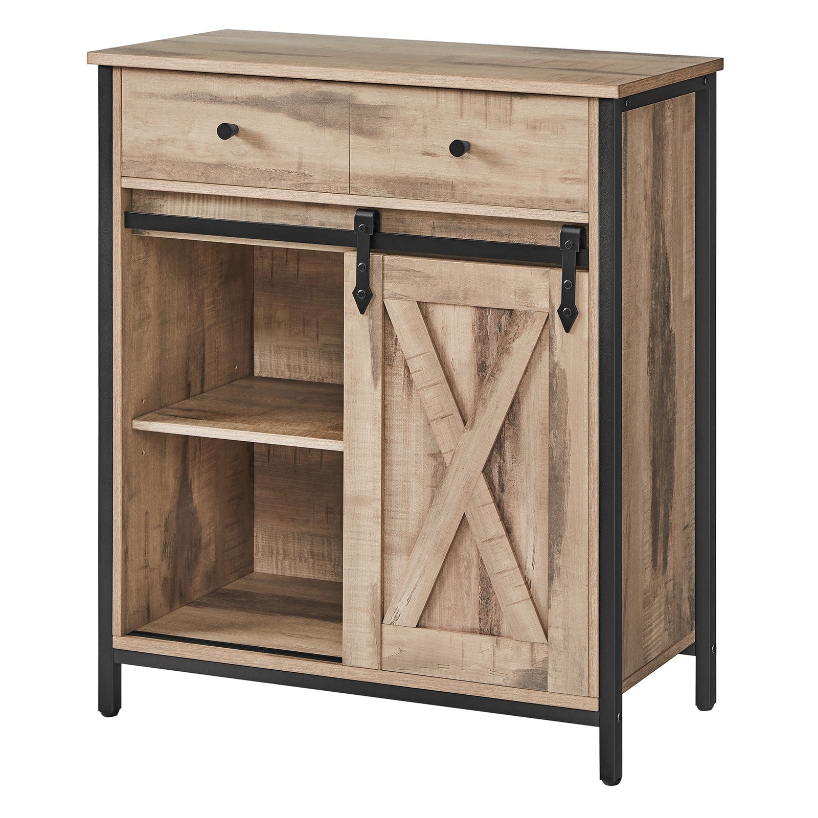 Freestanding Storage Cabinet - Engineered Wood - Rustic Brown and Black - Sliding Barn Door and Drawer
