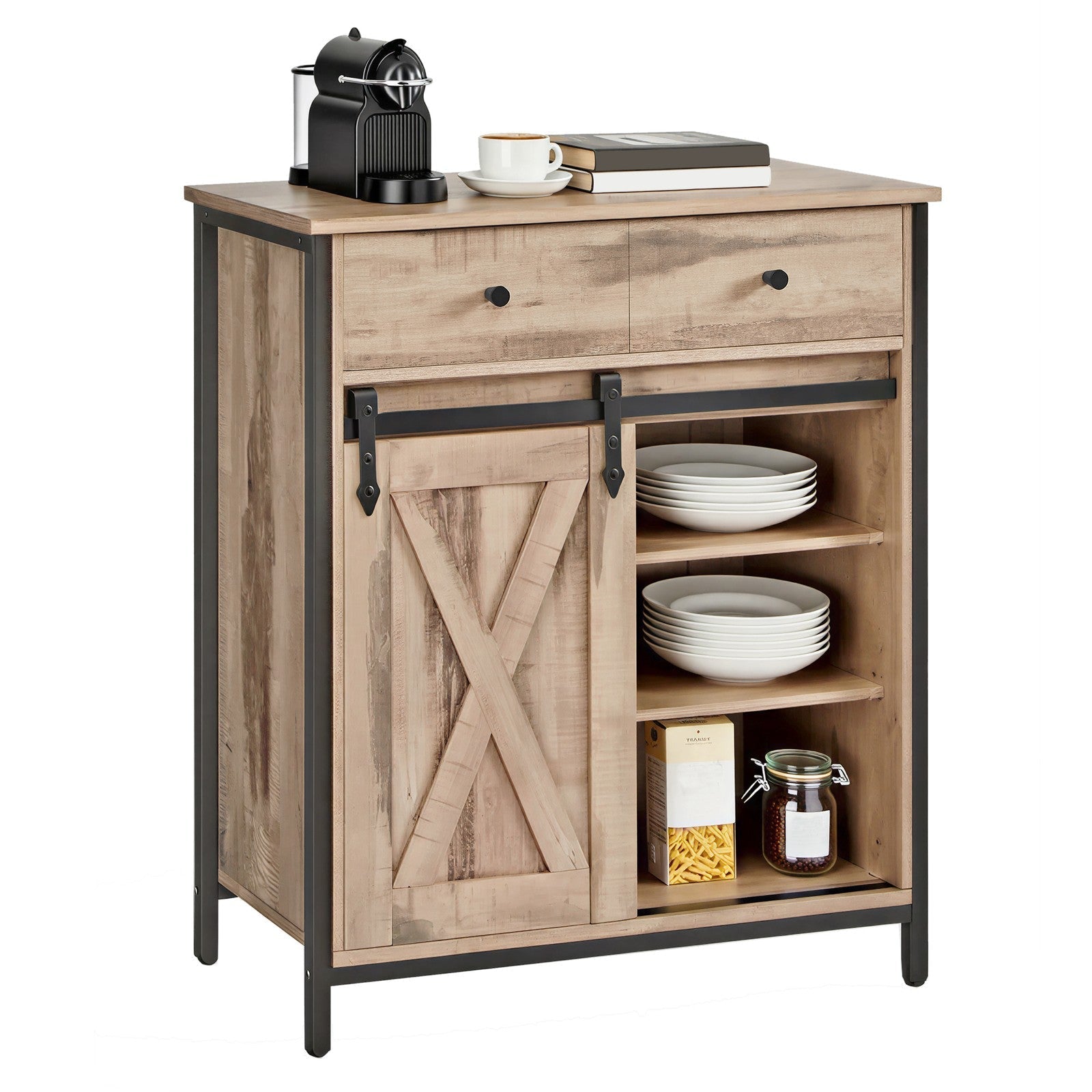 Freestanding Storage Cabinet - Engineered Wood - Rustic Brown and Black - Sliding Barn Door and Drawer