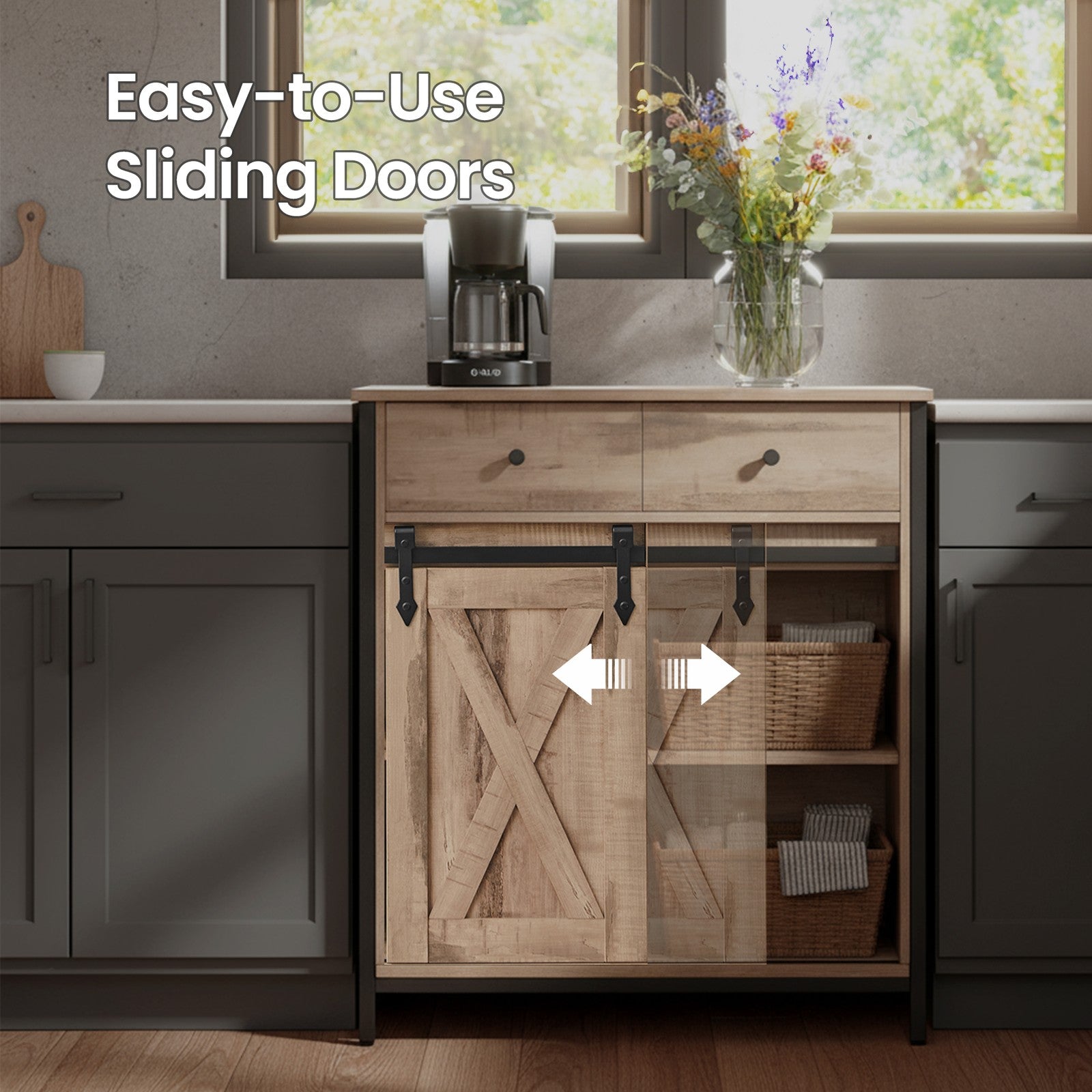 Freestanding Storage Cabinet - Engineered Wood - Rustic Brown and Black - Sliding Barn Door and Drawer