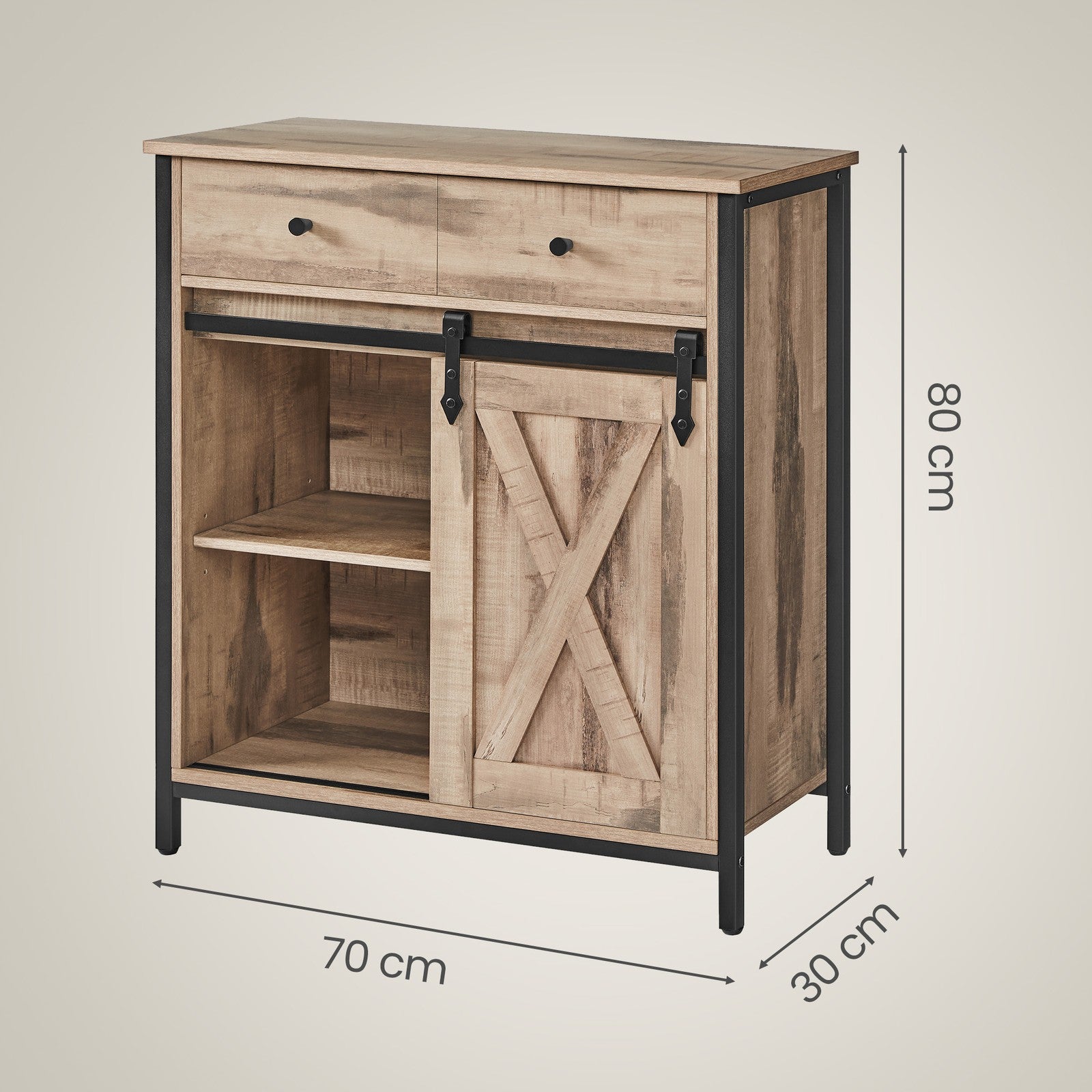 Freestanding Storage Cabinet - Engineered Wood - Rustic Brown and Black - Sliding Barn Door and Drawer