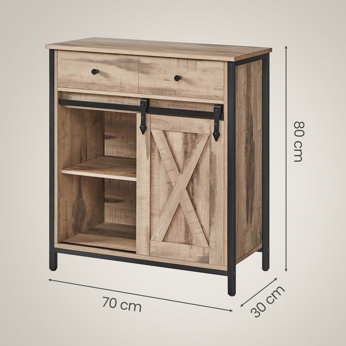 Freestanding Storage Cabinet - Engineered Wood - Rustic Brown and Black - Sliding Barn Door and Drawer