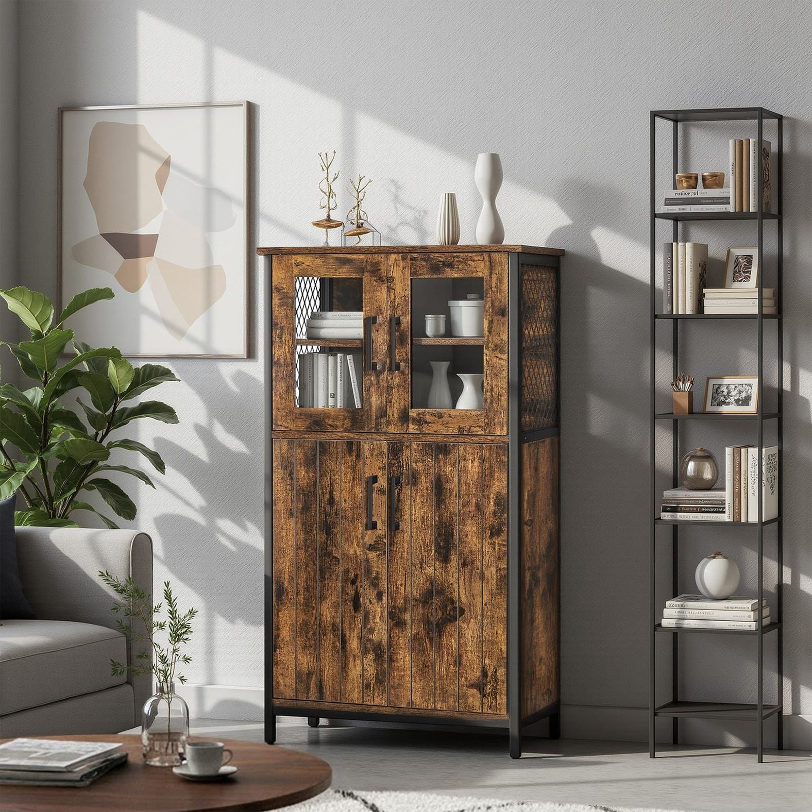 Sideboard, Storage Cabinet - Particleboard and Steel - Rustic Brown