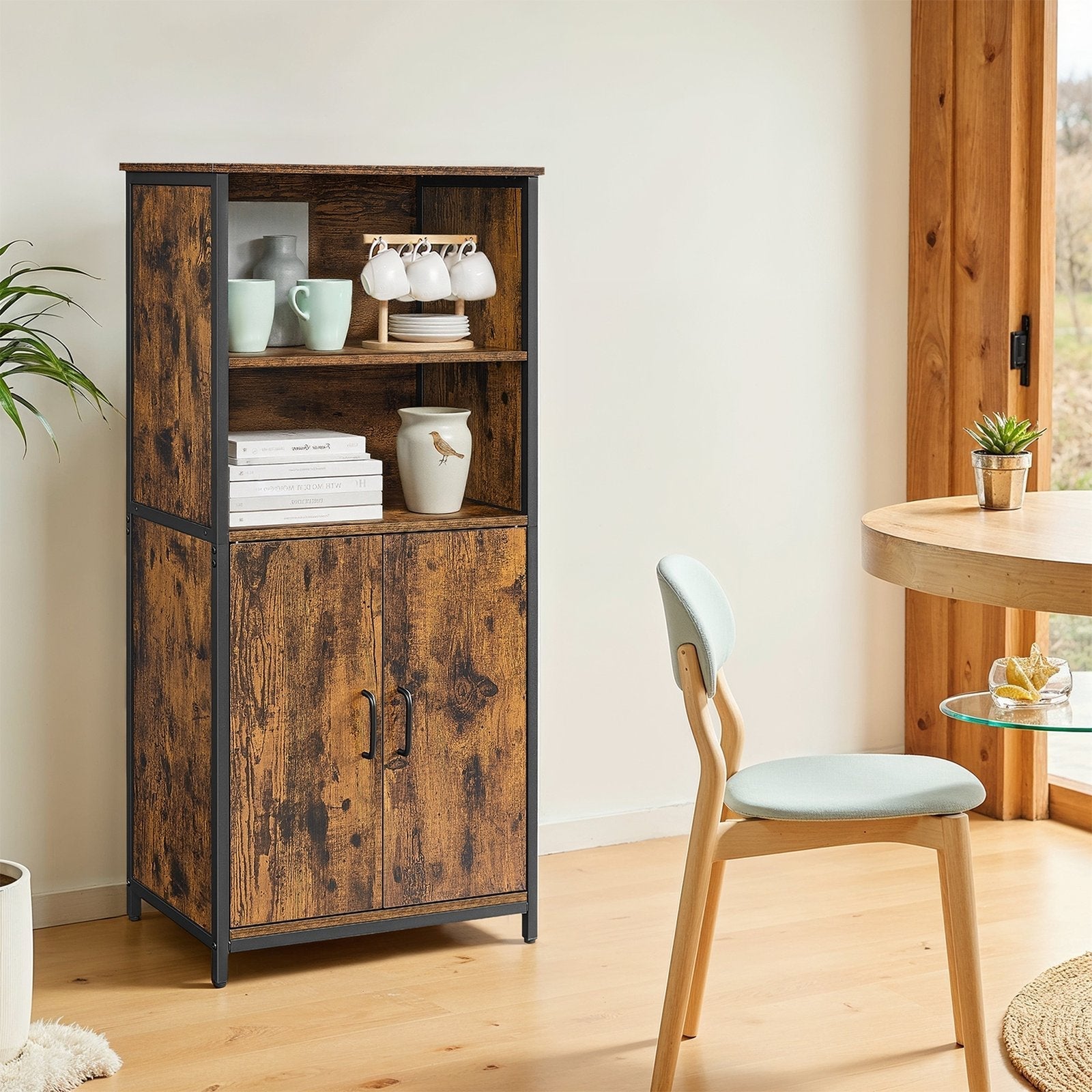 Freestanding Storage Cabinet - Wood - Rustic Brown and Black - Multifunctional with Adjustable Shelf