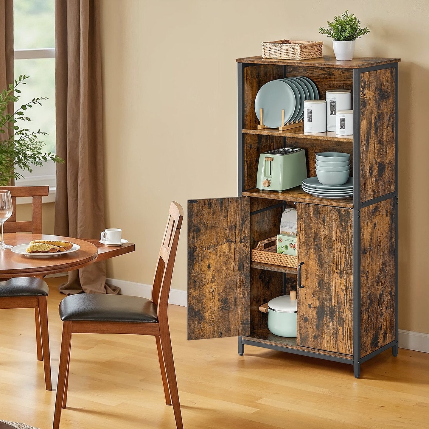 Freestanding Storage Cabinet - Wood - Rustic Brown and Black - Multifunctional with Adjustable Shelf