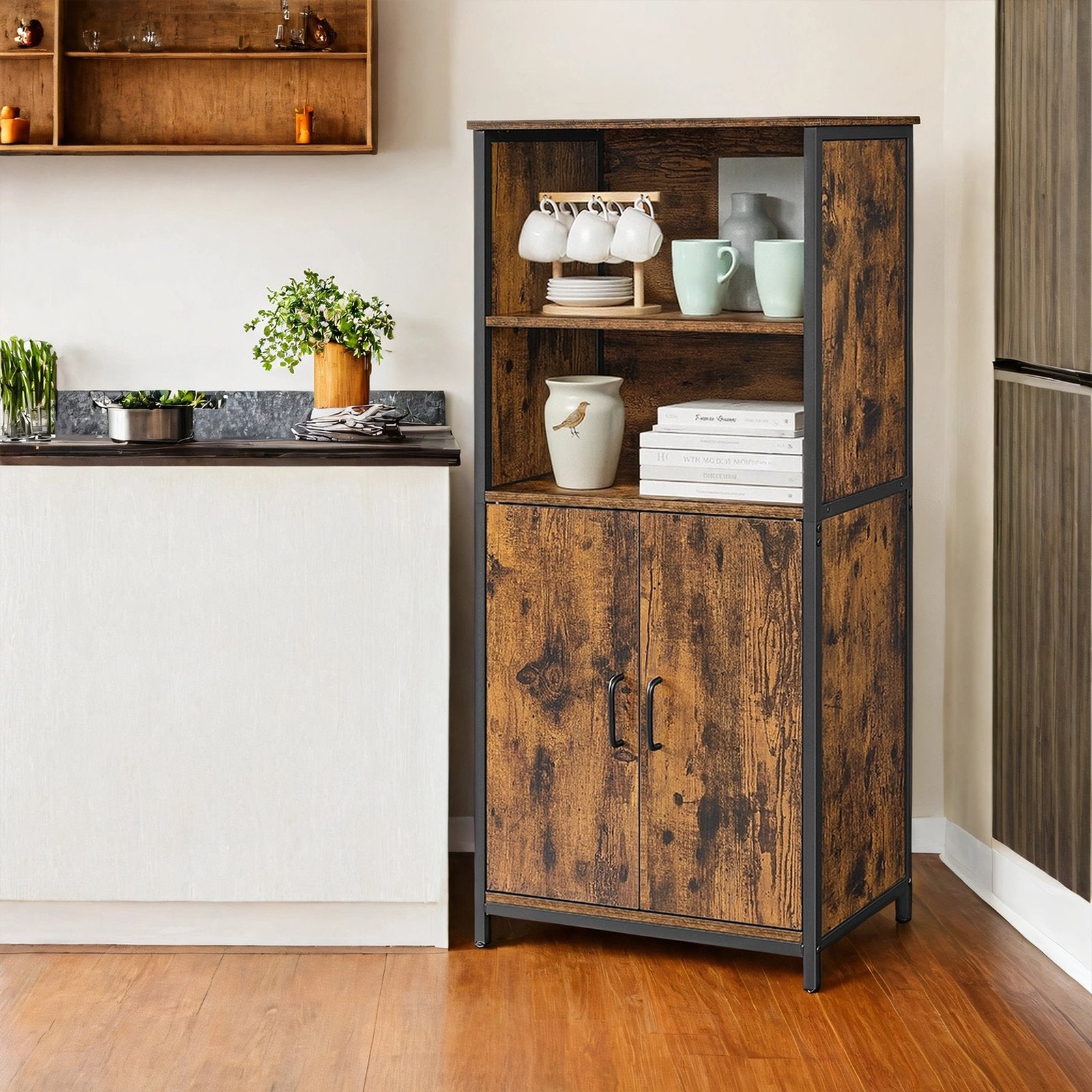 Freestanding Storage Cabinet - Wood - Rustic Brown and Black - Multifunctional with Adjustable Shelf