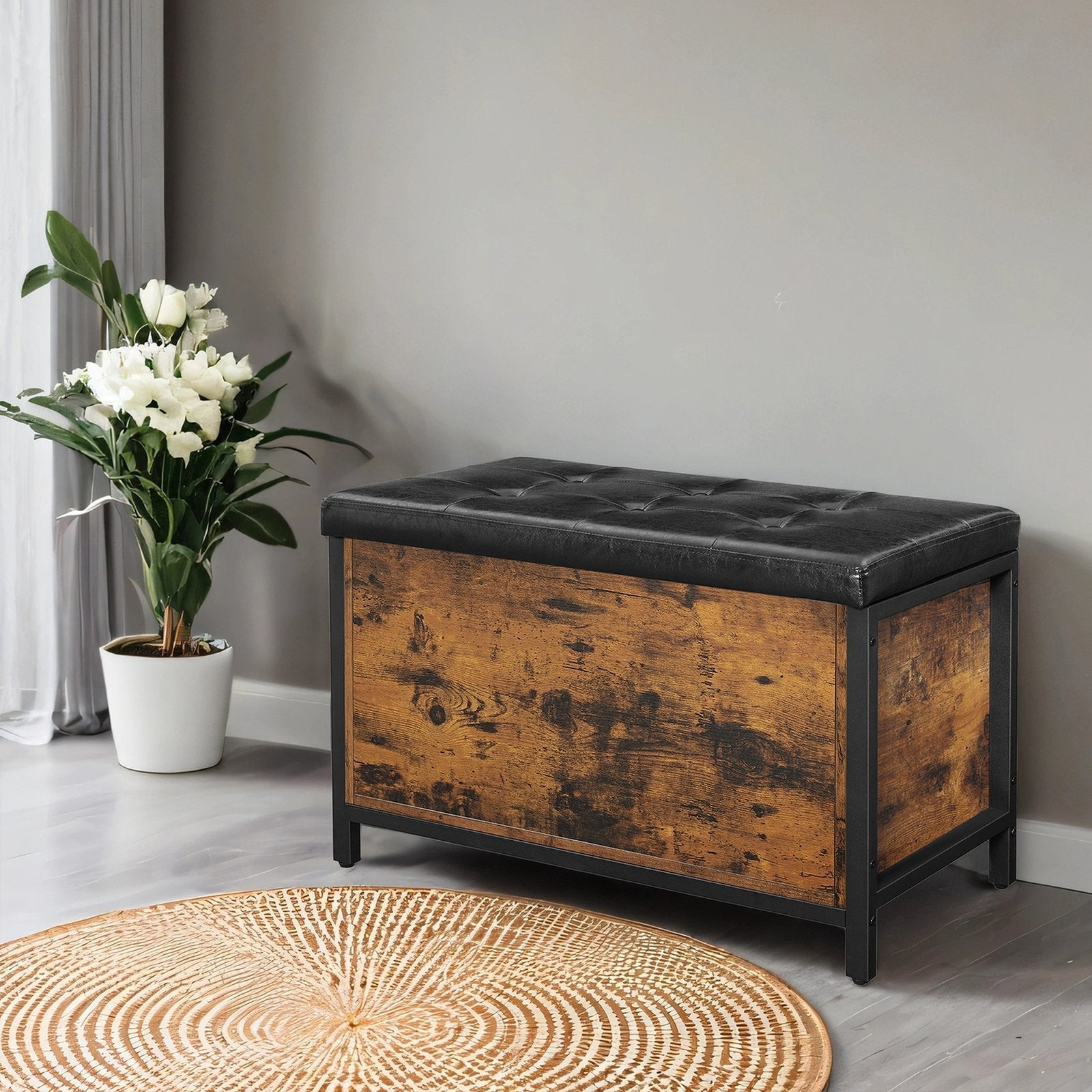 Storage Bench - Metal - Black and Rustic Brown - Padded Seat with Storage Compartment