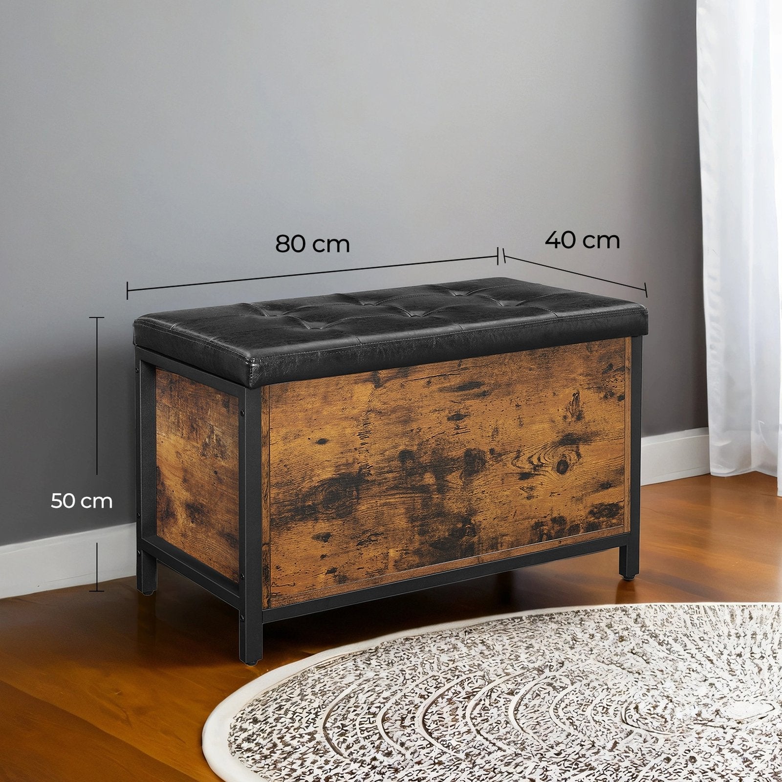 Storage Bench - Metal - Black and Rustic Brown - Padded Seat with Storage Compartment