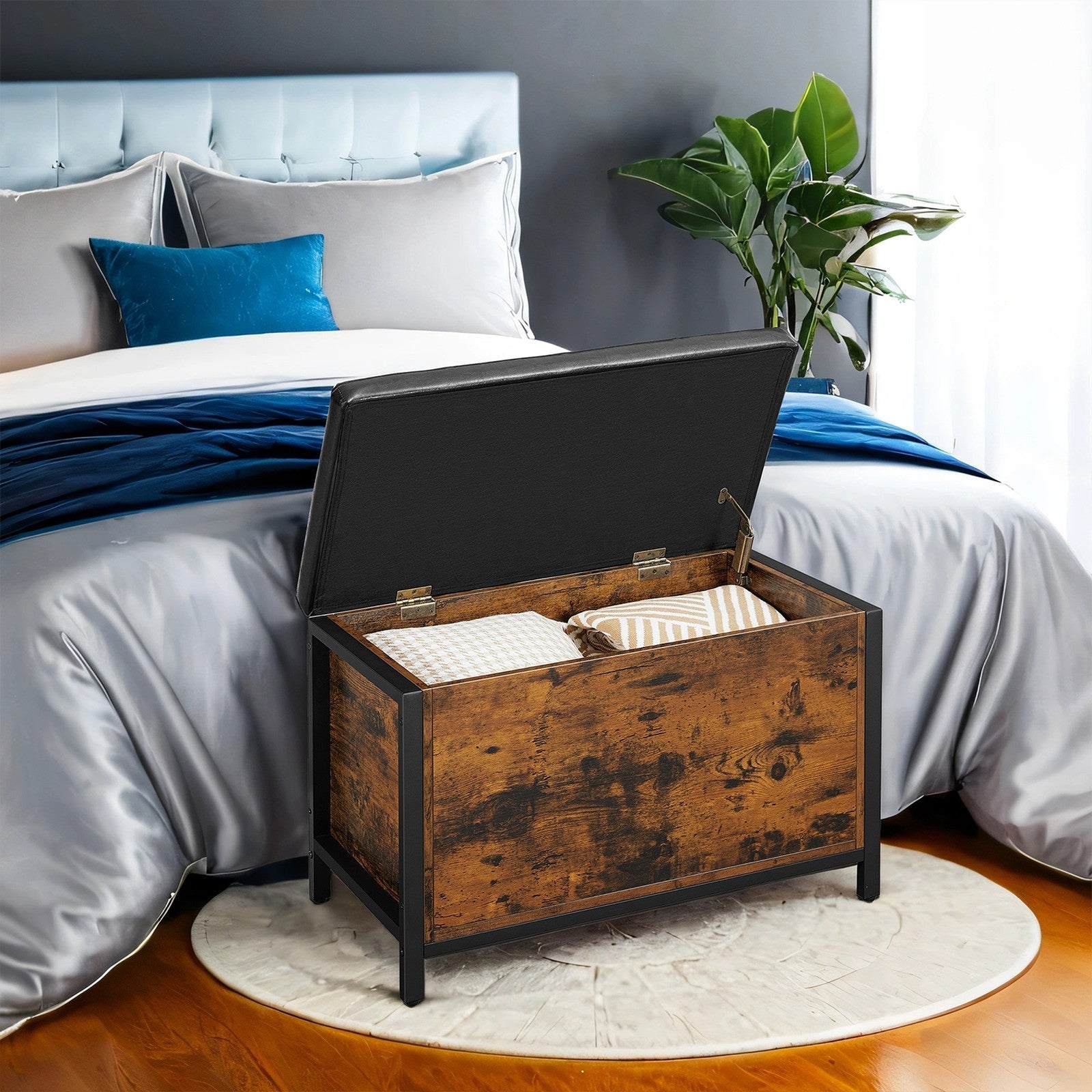 Storage Bench - Metal - Black and Rustic Brown - Padded Seat with Storage Compartment