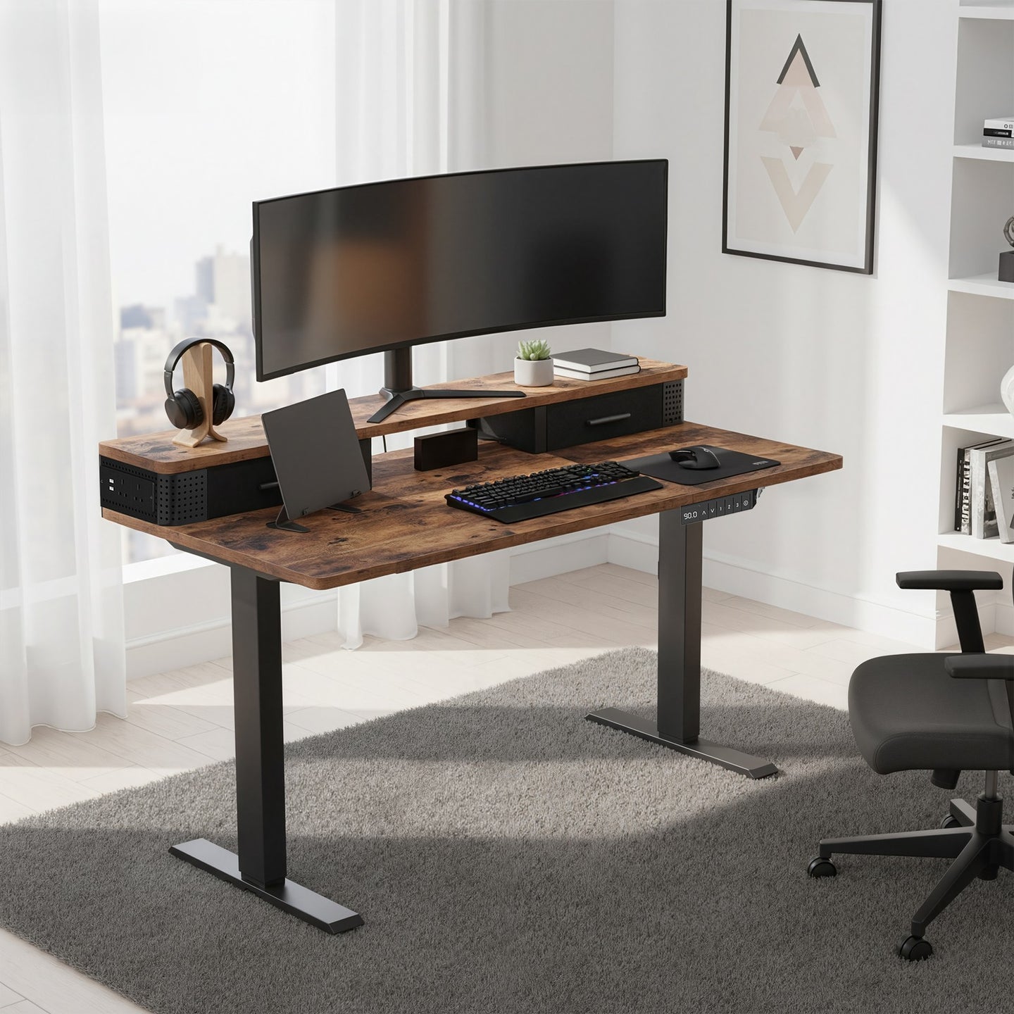 Electric Standing Desk - Wood and Steel - Rustic Brown