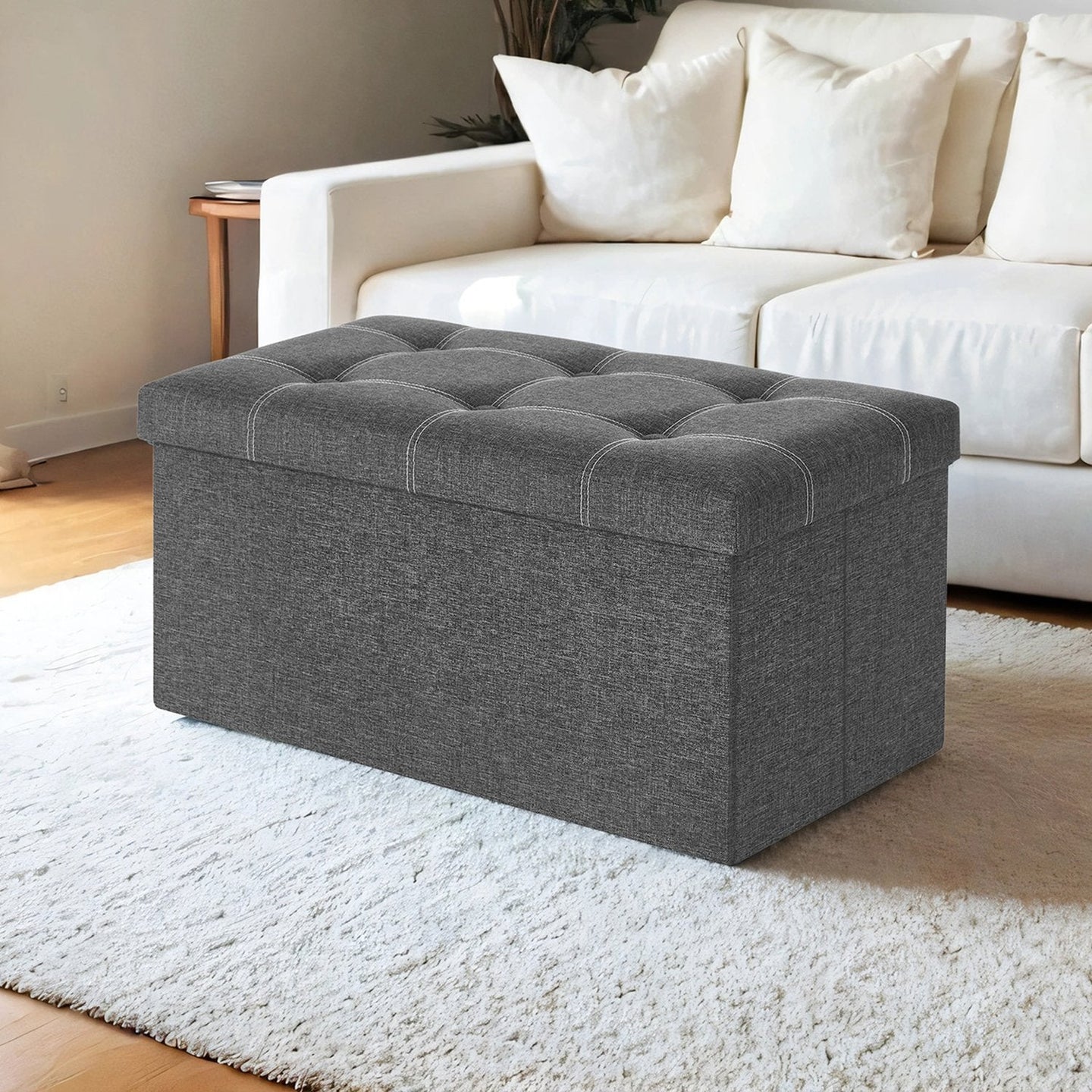 Ottoman Storage Bench - Linen-Look Fabric - Dark Grey