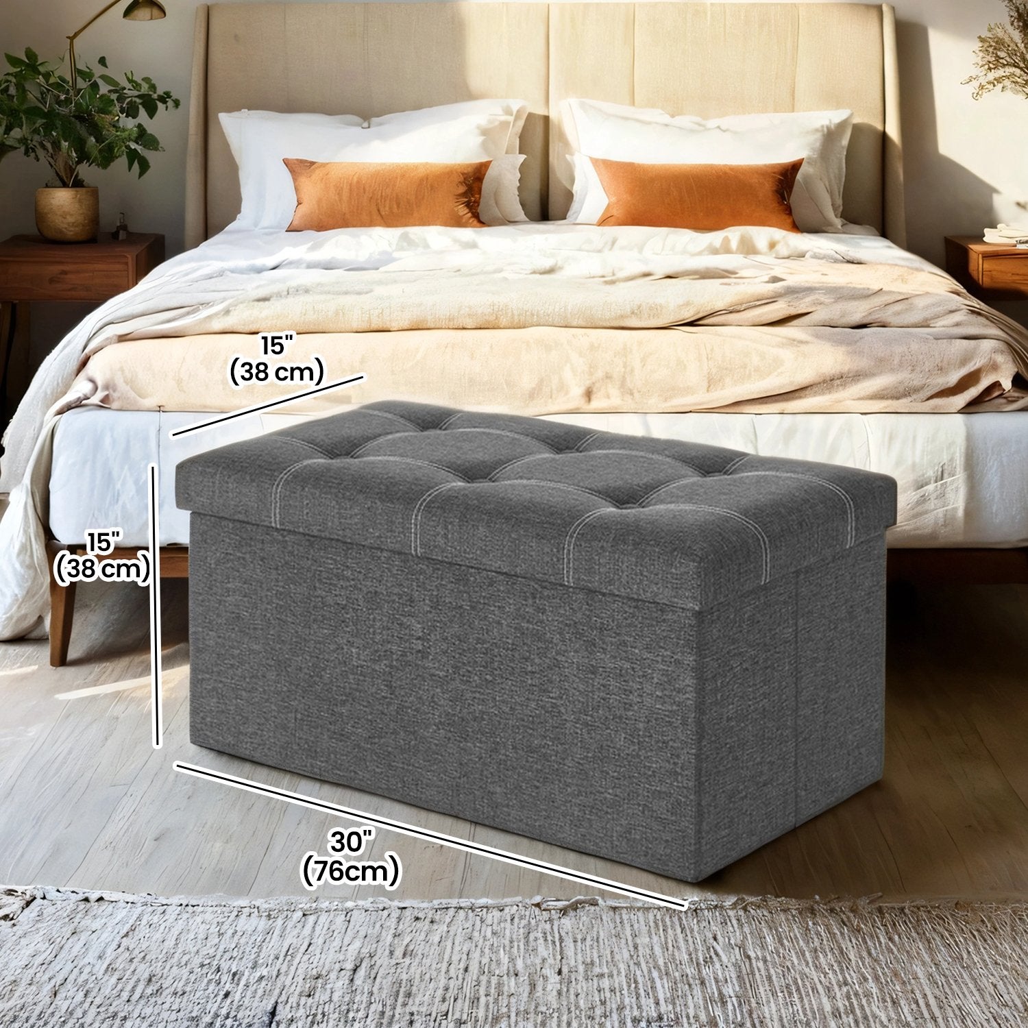 Ottoman Storage Bench - Linen-Look Fabric - Dark Grey