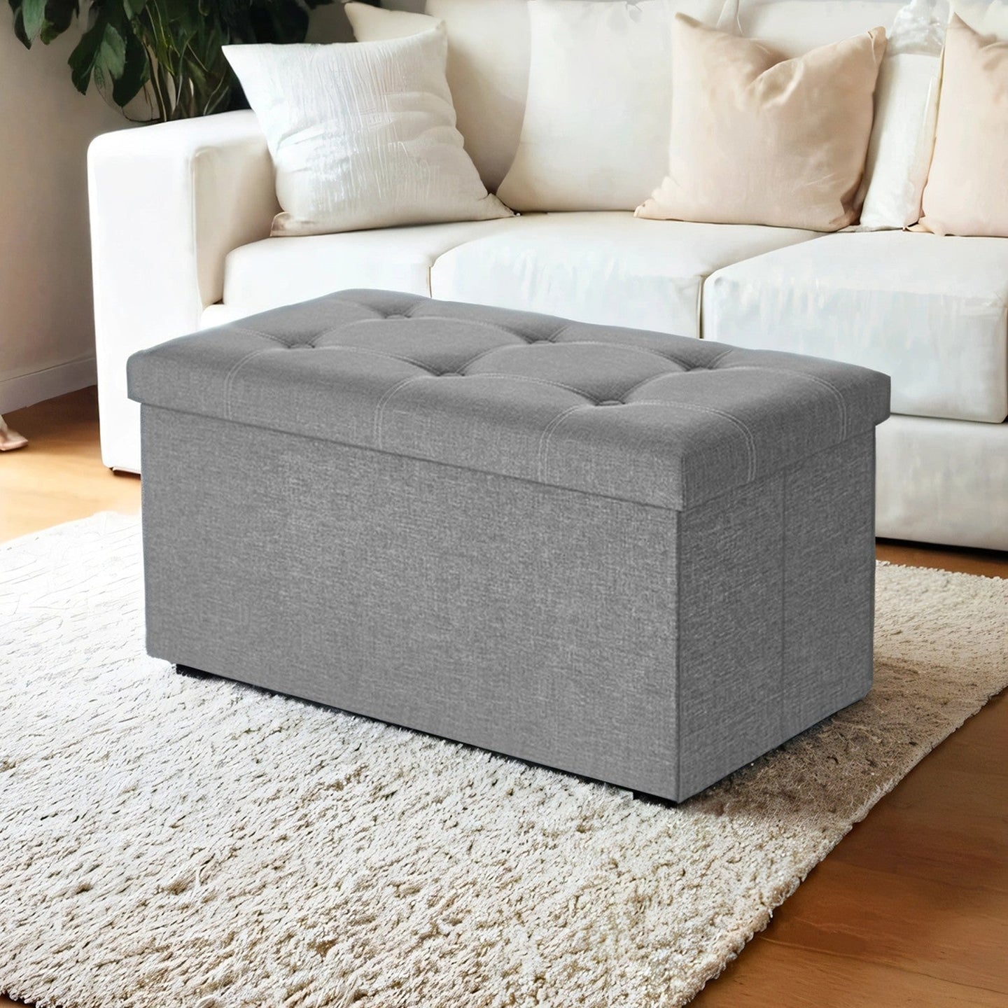 Ottoman Storage Bench - Linen-Look Fabric - Dark Grey